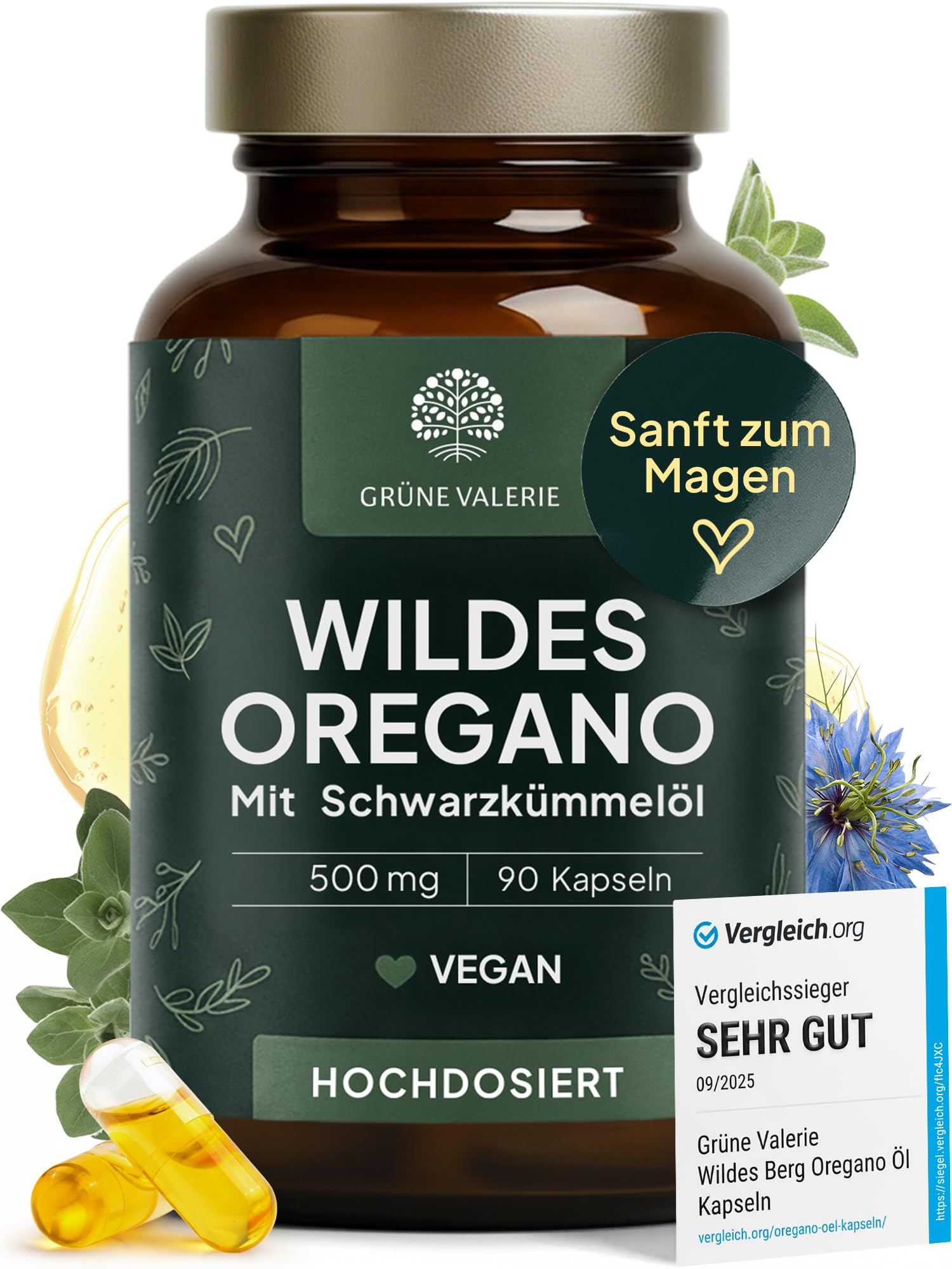 GRÜNE VALERIE® Oregano Öl Kapseln [HOCHDOSIERT] – DuoKomplex mit Schwarzkümmelöl 90 Stück – 82% Carvacrol Wildes Berg Oreganoöl – 500mg Kapseln vegan & magensaftresistent – laborgeprüft & ohne Zusätze