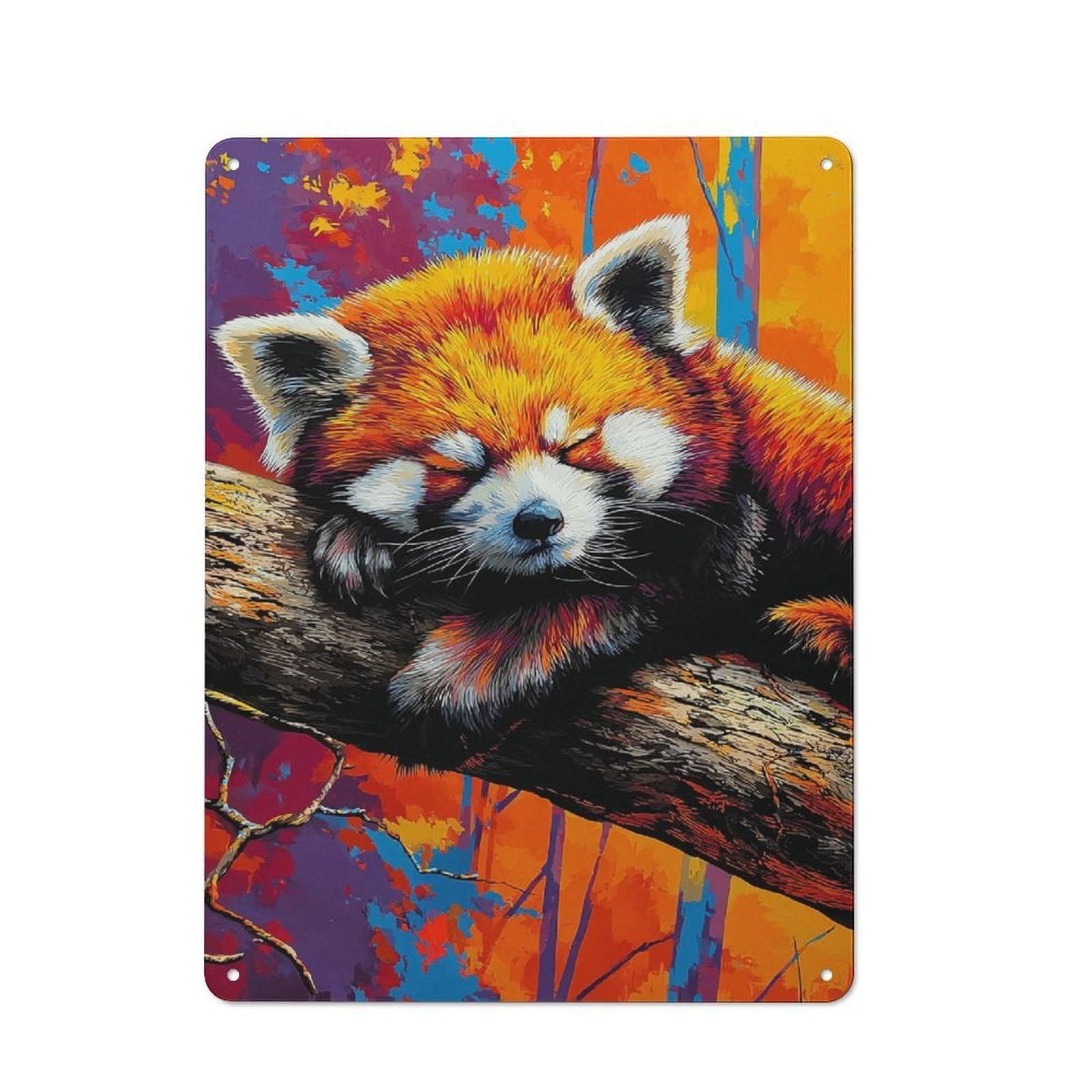 Understated Decorative Metal Sign 40x30cm Featuring Sleepy Red Panda on Branch, Study Room Decor for Workspace, Cafe, Shop Or Desk Area