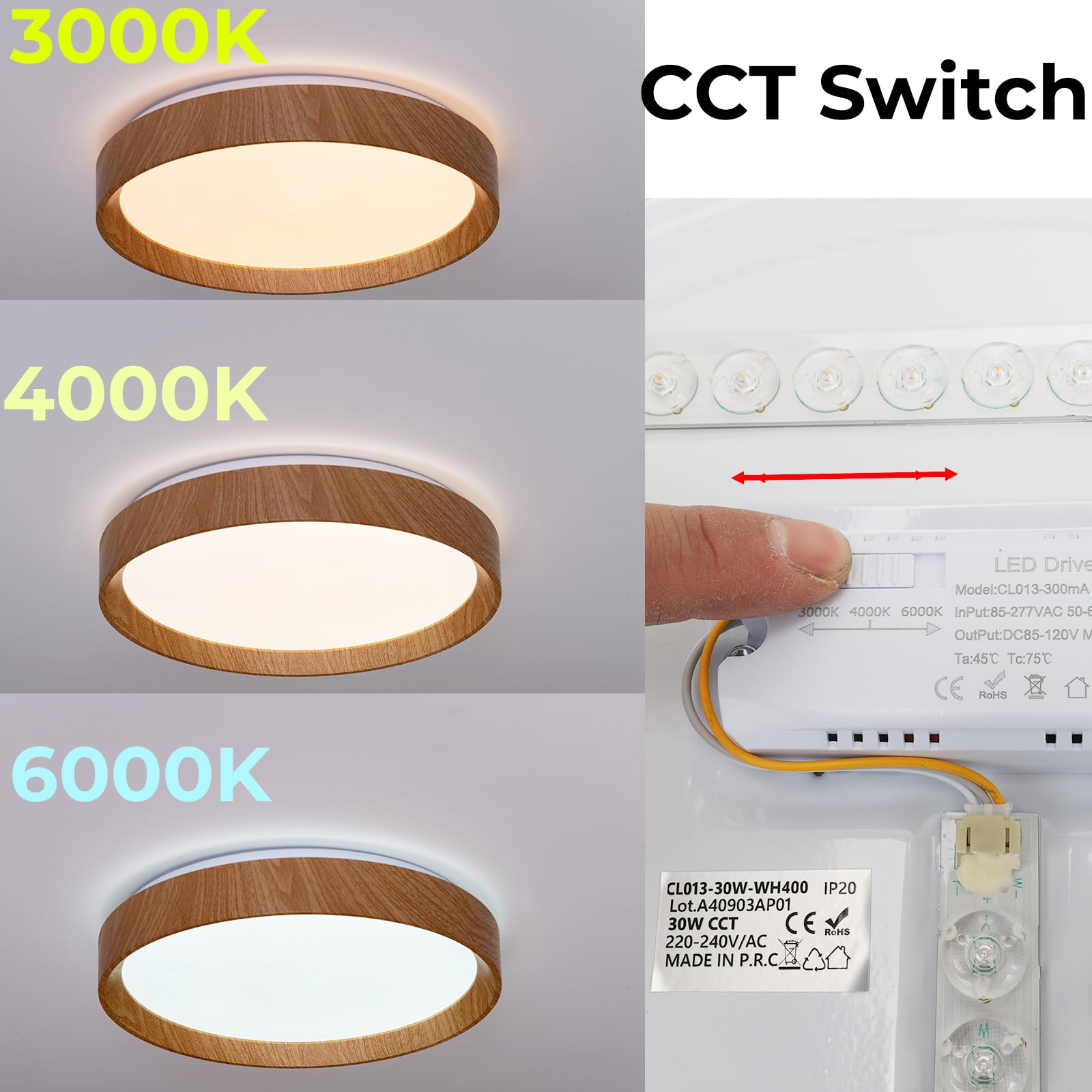 Alpinaluz Plafón LED Techo 30W Ø40cm, Luz CCT 3000K 4000K 6000K, Diseño Moderno, Carcasa de Policarbonato Resistente con Acabado en Efecto Madera, para Salón, Dormitorio o Comedor