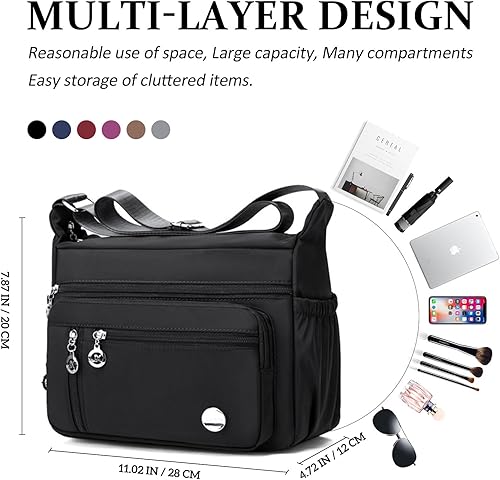 Miniatura 5 de Monederos para mujer, bolso cruzado impermeable, bolso de hombro, múltiples bolsillos, bolsa de mensajero de nailon, bolsa de mano de moda