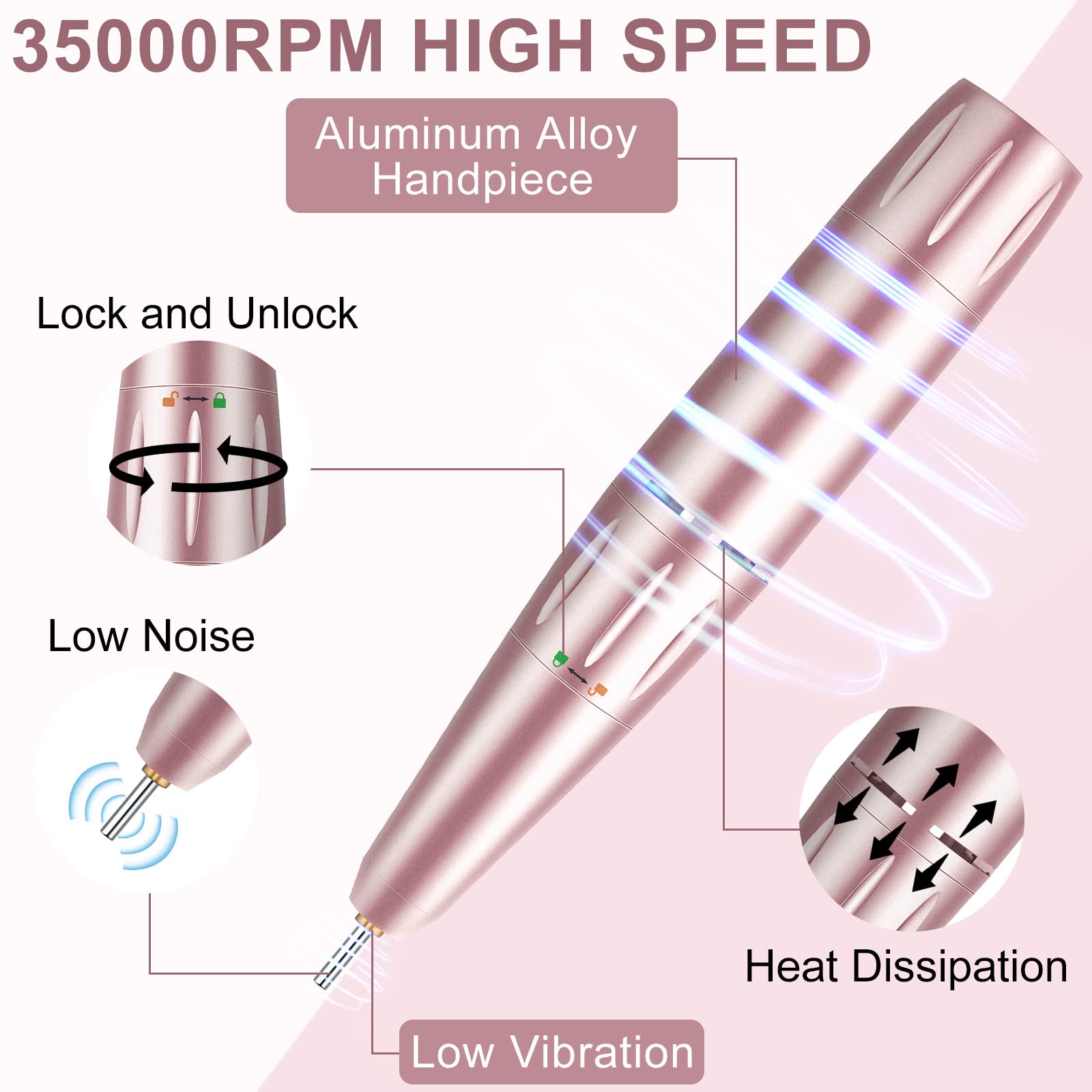 Ponceuse pour Ongles Professionnelle Electrique, 35000 RPM Portable Rechargeable Lime à Ongle avec 11 Embouts et Affichage LCD, Vitesse Réglable Puissante pour Manucure et Pédicure (Rose)