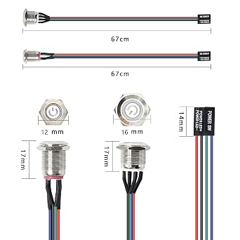 XMSJSIY Chassis Switch - Metal Button, PC Case LED Power Button ATX Supply On/Off for DIY Computer - 60cm, 12mm