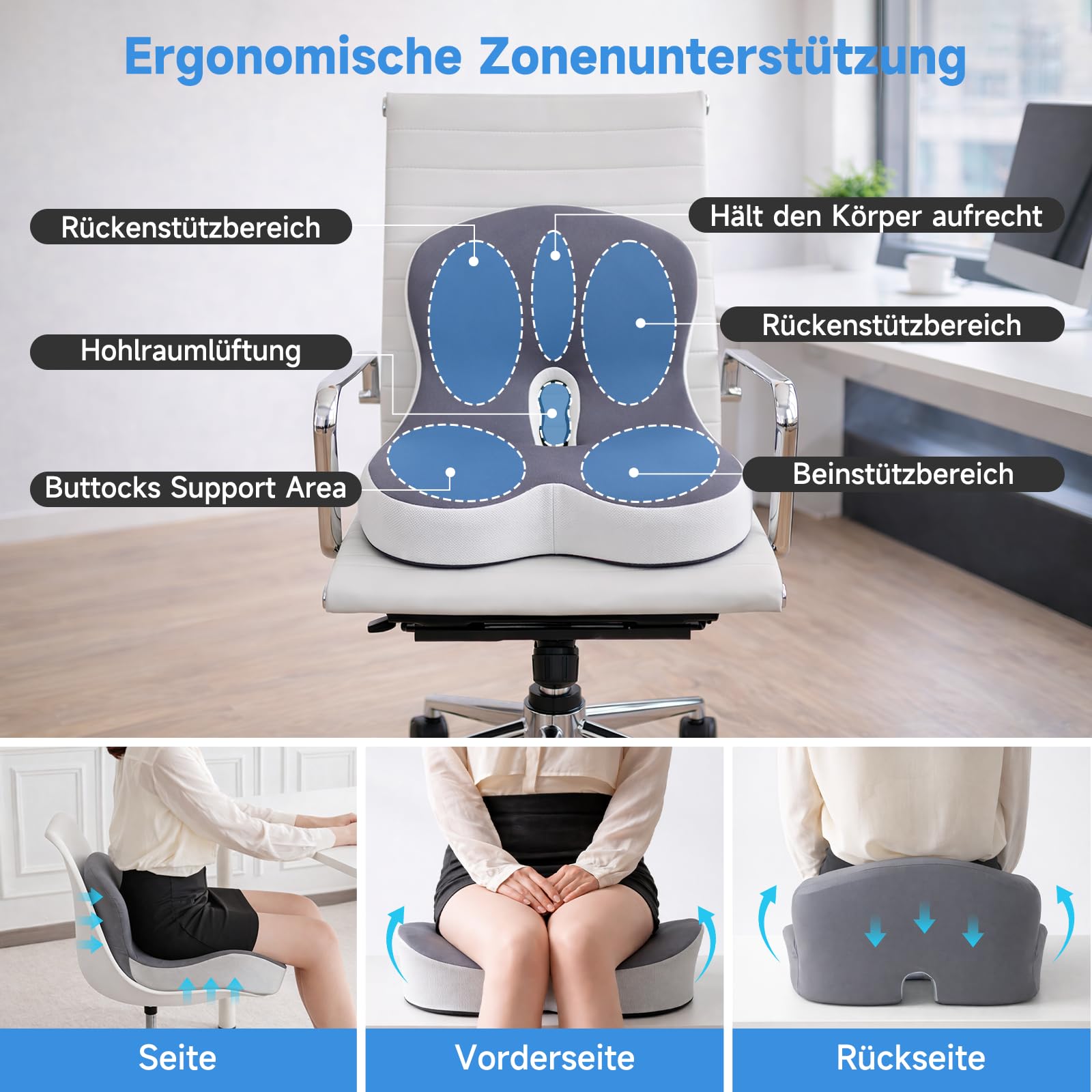 Cuscino ortopedico con schienale, cuscino ergonomico per schienale in memory foam, supporto lombare a forma di L, cuscino per sedia da ufficio, seggiolino, sedia a rotelle, ufficio, auto