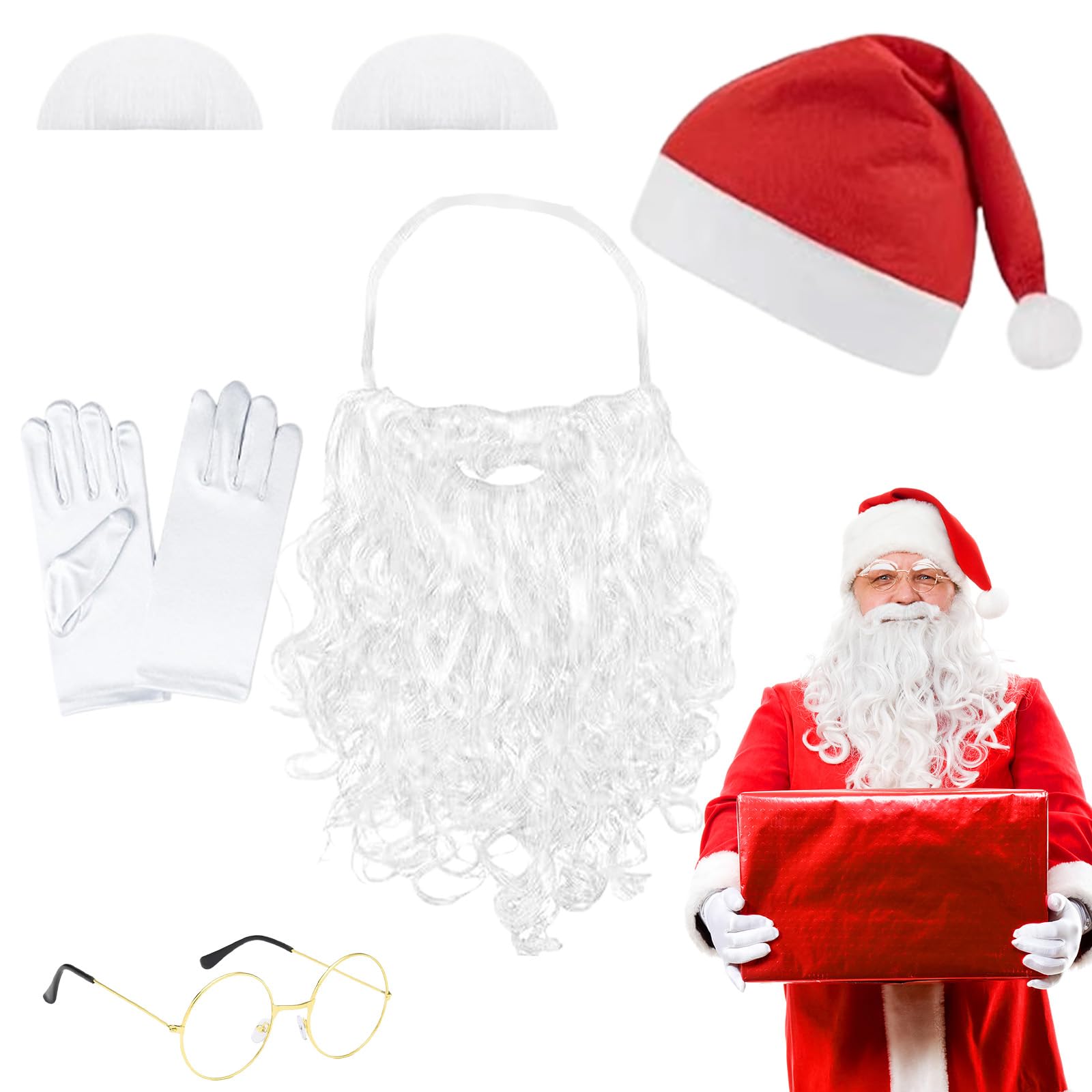 AYNKH Adult Santa Claus Costume Set, Hat, Eyebrows, Gloves, Glasses & Santa Beard