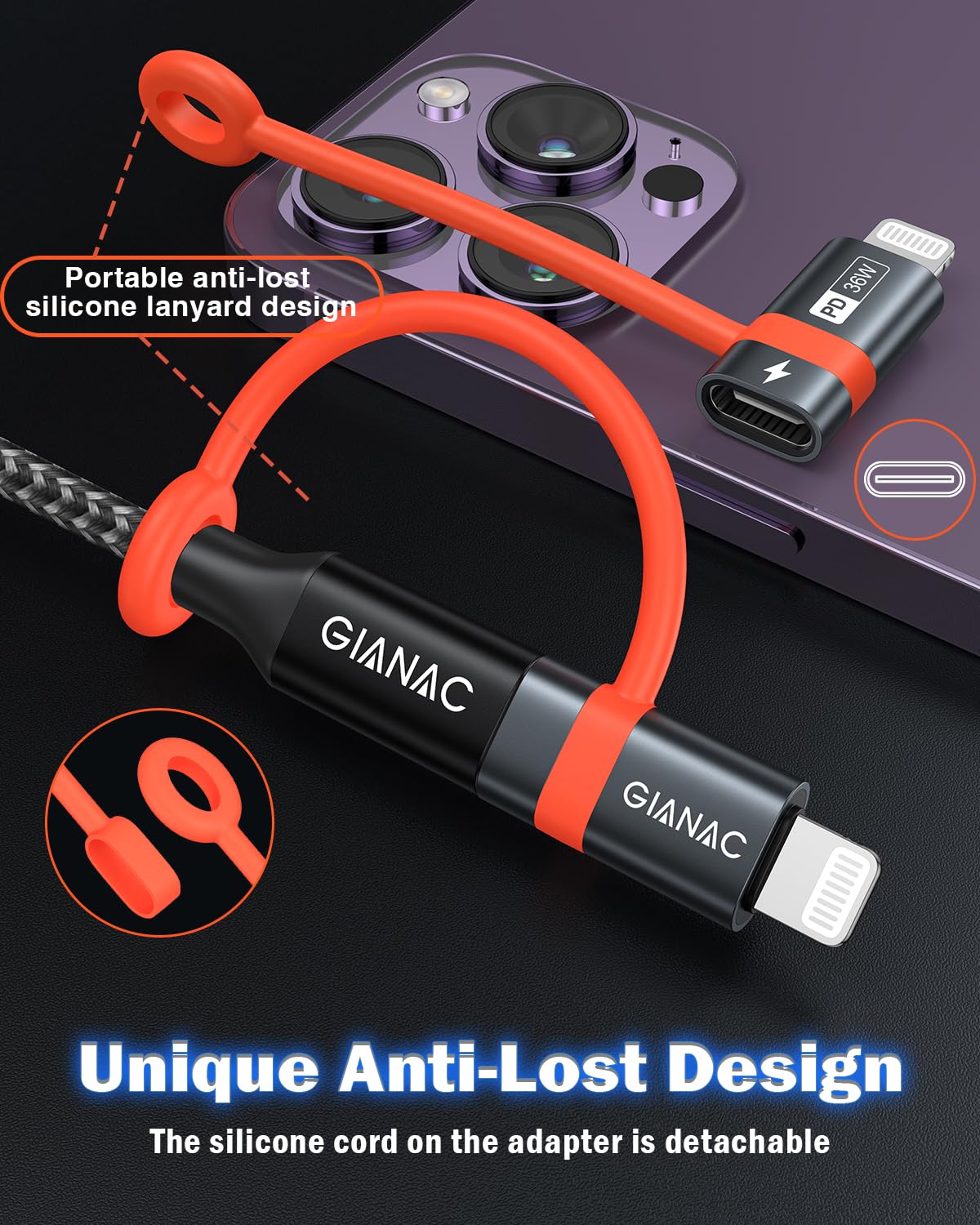 GIANAC Adapter USB C na Lightning (2 sztuki), szybkie ładowanie z linką zapobiegającą zgubieniu, adapter Lightning USB C do iPhone 14, 13, 12, 11 Pro Max, iPad Pro/Air