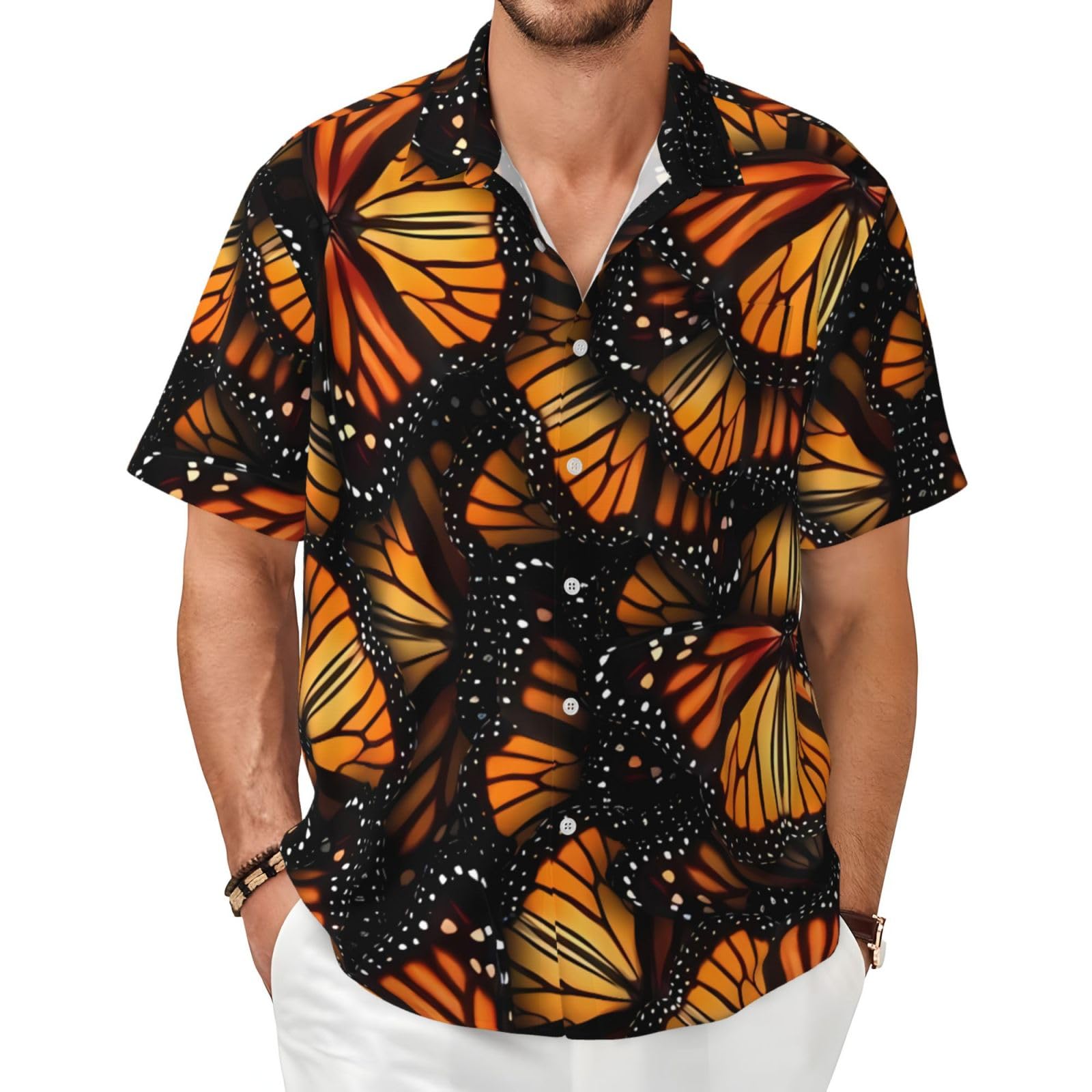 XIAKU Ohio State Gray Men's Shirts Short Sleeve Casual Fashion Polo Button Down Shirt for Men Beach Summer Wedding Pocket, Orange Monarch Butterflies, Large
