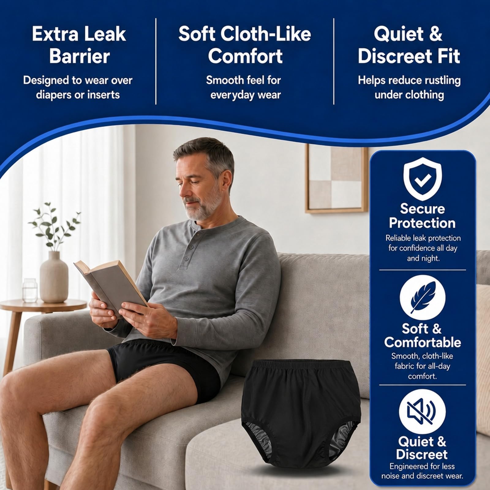 Couvre-couche en tissu pour adulte pour incontinence, pantalon actif imperméable et étanche en latex, silencieux, réutilisable, lavable (sans coton à l'intérieur, L)