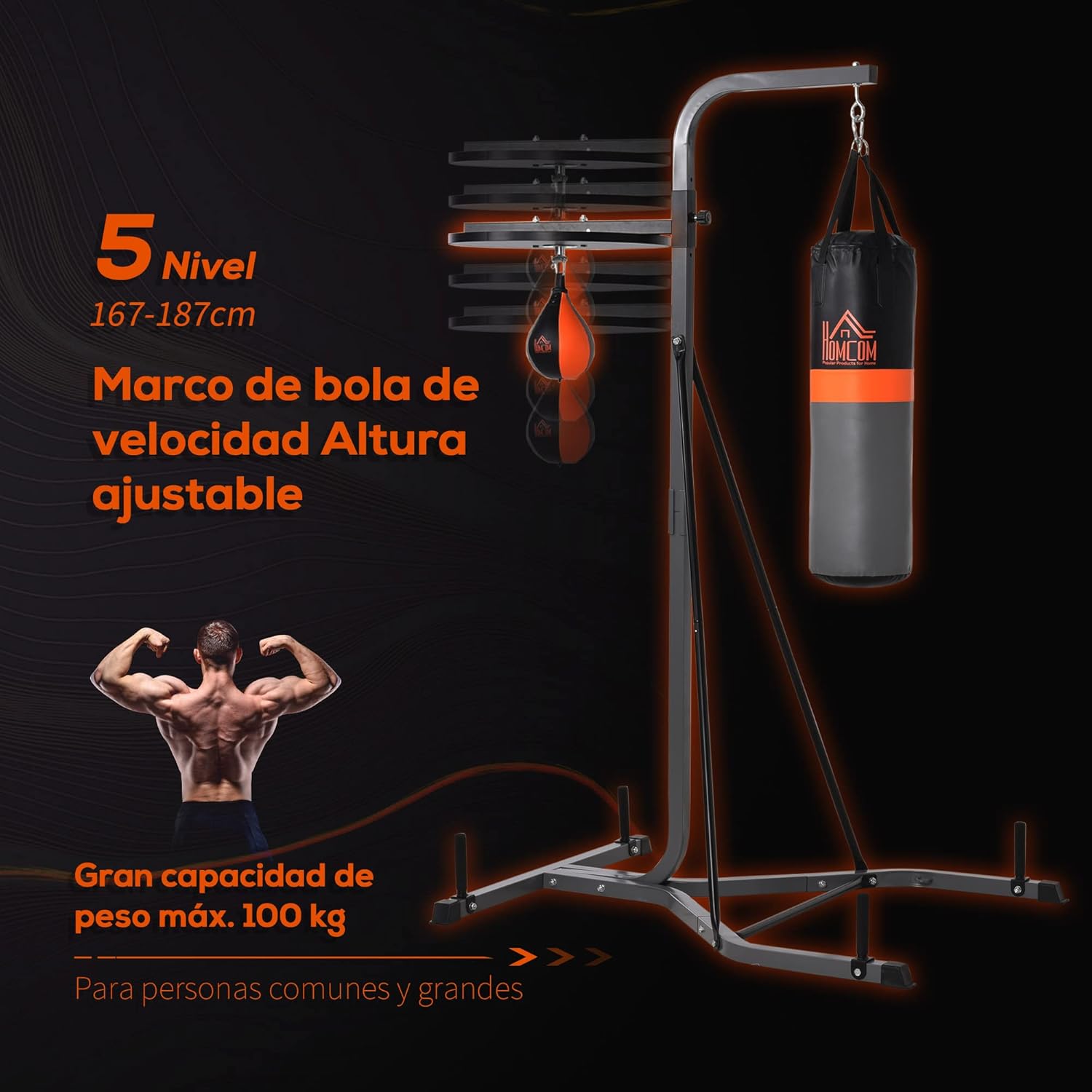 Graphic showing adjustable speed bag height and maximum weight capacity