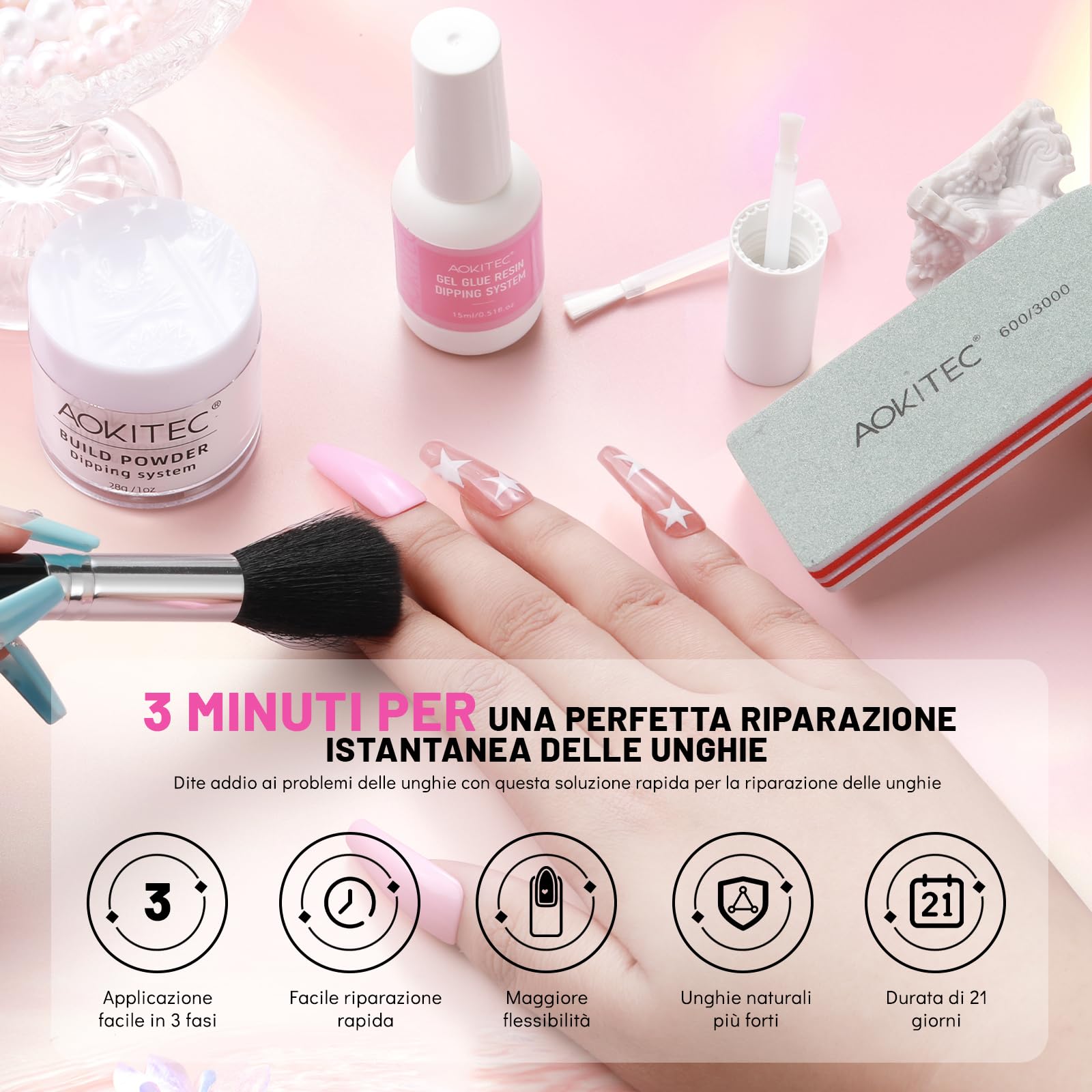 Aokitec 28g Dip Build Powder Kit con Colla Riparazione Unghie - Kit di Riparazione Unghie per Unghie Naturali Rotte Trattamento Rinforzante Unghie per Danneggiate Cracked Split Debole Cura Unghie