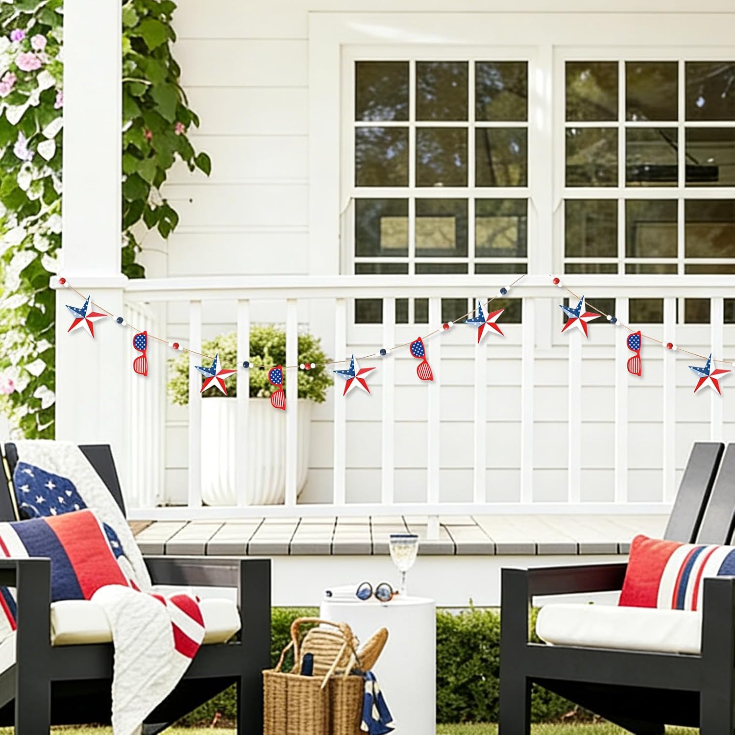 4th of July Decorations, Patriotic Memorial Day Americana Garland Decor, 6.3 Ft Metal Star and Sunglasses Hanging Banner, Red White and Blue Decorations for Home Fireplace Mantel Wall Party Decor