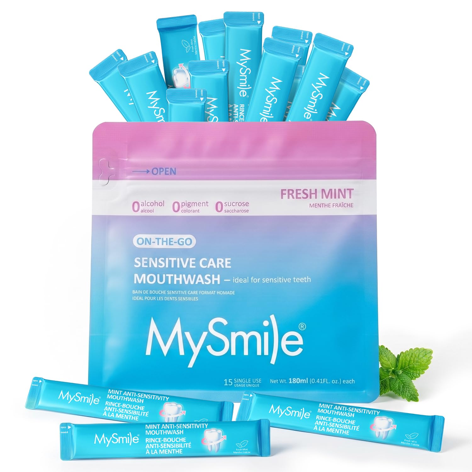 MySmile Travel Mouthwash Alchohol Free, Mild Mint, 0.41 fl. oz x 15 Pack