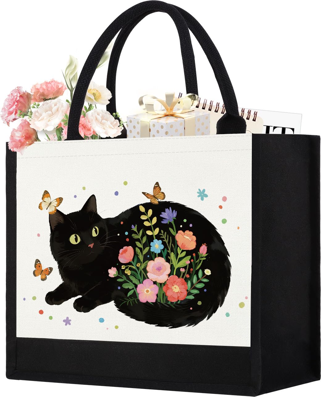 GevGuxLuo Canvas Tote Bag for Women, Cute Cat Gifts for Black Cat Lovers, Animal Lover Gift Aesthetic Cats Beach Bag Reusable Grocery Bag, Birthday