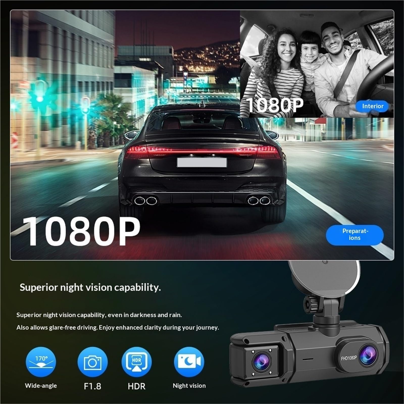 Kamera samochodowa, Kamera WIFI Do Samochodu 3-kanałowa Przednia/Wewnętrzna Tylna Rejestrator Wideo 1080P Dashcam Black Box DVR, dla samochodów