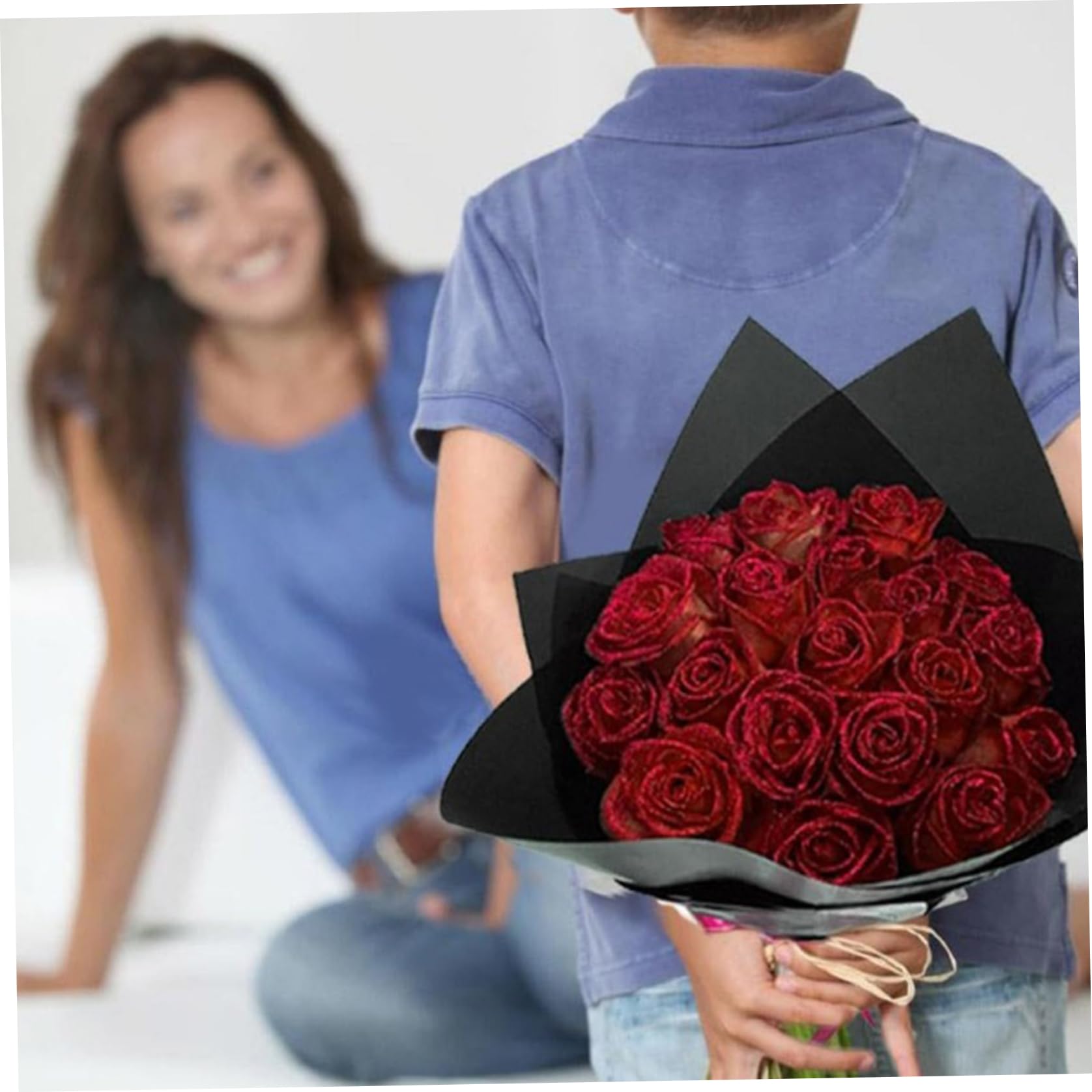 Bouquet de roses scintillantes 9,5 pouces fausses roses bricolage avec tige, rubans d'emballage et papier d'emballage