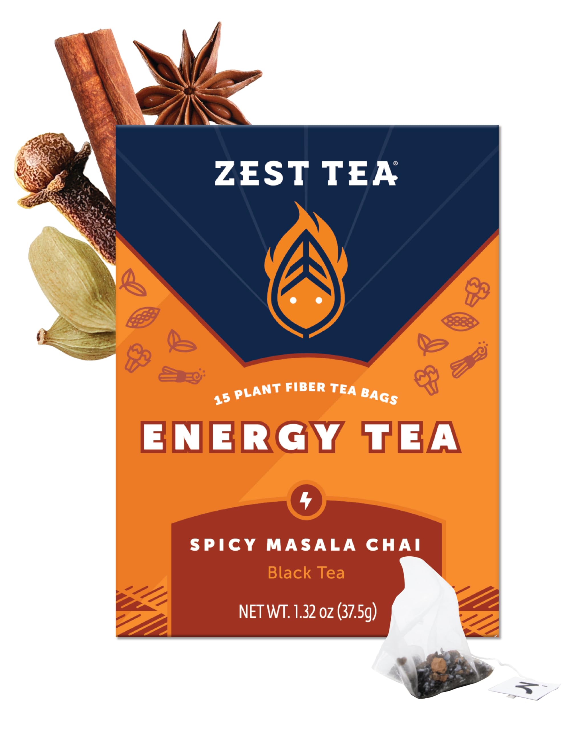 Zest Energy Black Tea - Spicy Masala Chai - High Caffeine Cardamom Ginger Tea with Cinnamon, Cloves & Vanilla Chai - Caffeinated Coffee Alternative - Natural, Non-GMO & Keto - 15Ct Box - 150mg Caf