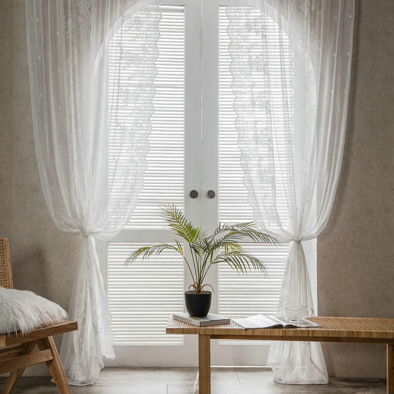 WQPMNYG Modern Sheer Curtains for Living Room & Bedroom 2 Pieces 130x240CM White Floral Design Polyester Rod Pocket Drapes Elegant SemiTransparent Window Treatment