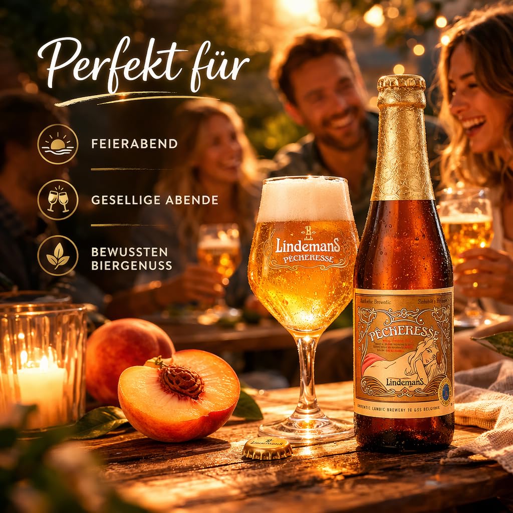 Lindemans Pecheresse Lambic Bier, Fruchtiges Pfirsichbier, 12x0,25l, Mild Erfrischend Süß-Säuerlich, Premium Craft Bier aus Belgien