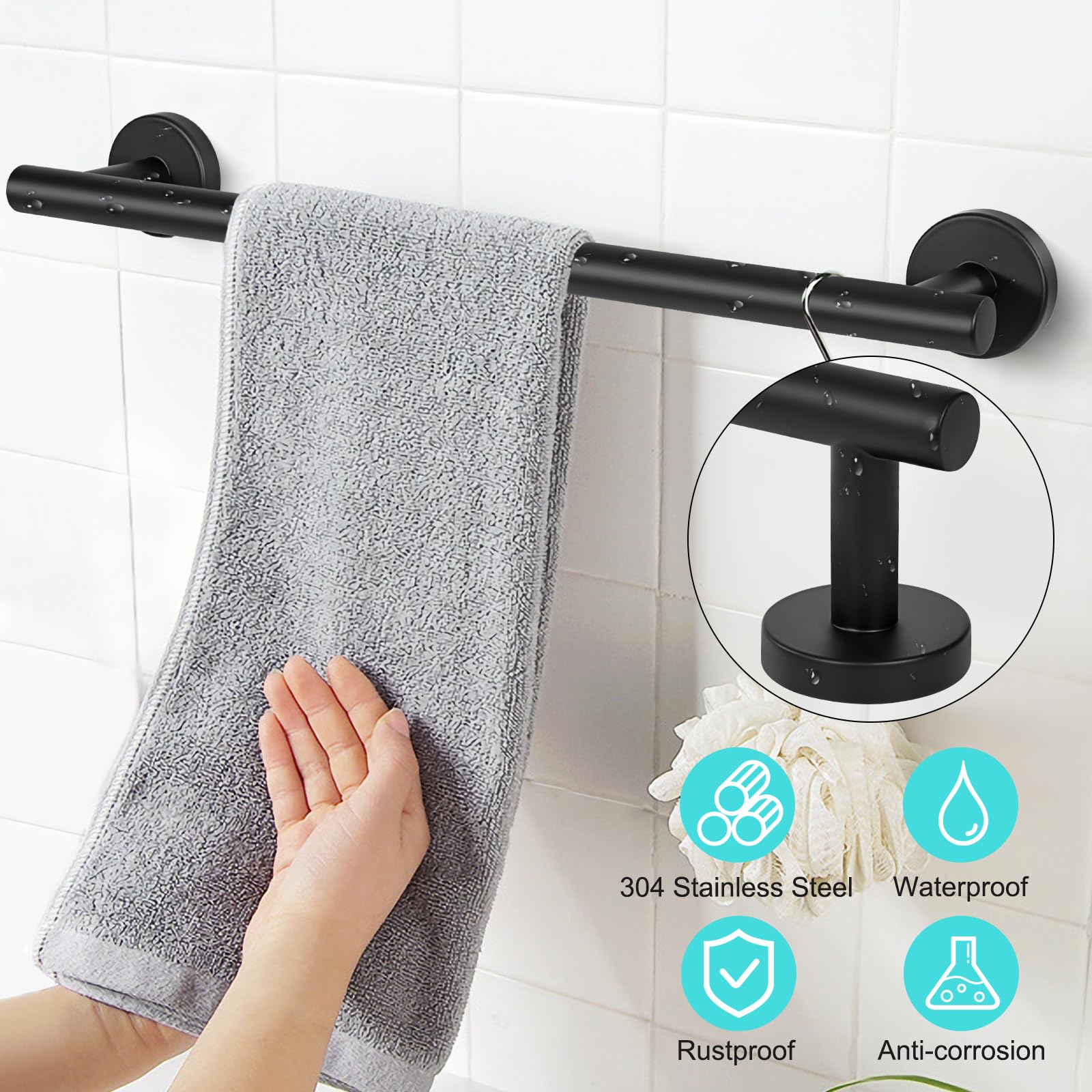 Toallero Montado en la Pared Acabado Cepillado de Acero Inoxidable 304 Pequeño Soporte de Toalla para Baño y Cocina 40cm (Negro)