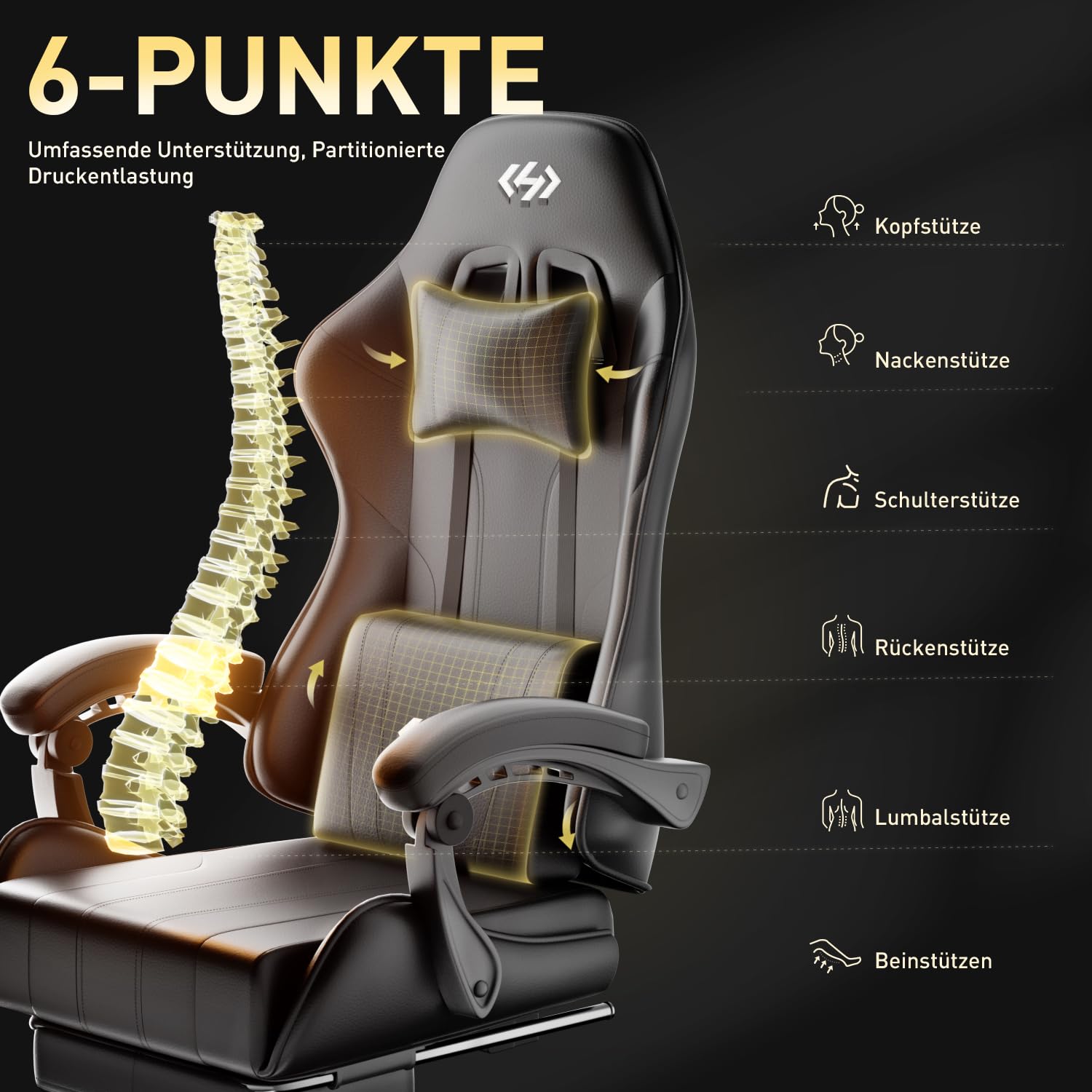 HLONONE Gaming Stuhl, Ergonomisch Gamer Stuhl mit Kopfstütze & Lendenkissen, Verstellbarer Gaming Chair mit Fußstütze & Linkage-Armlehnen, Gepolstert PC Stuhl Computerstuhl, Schwarz