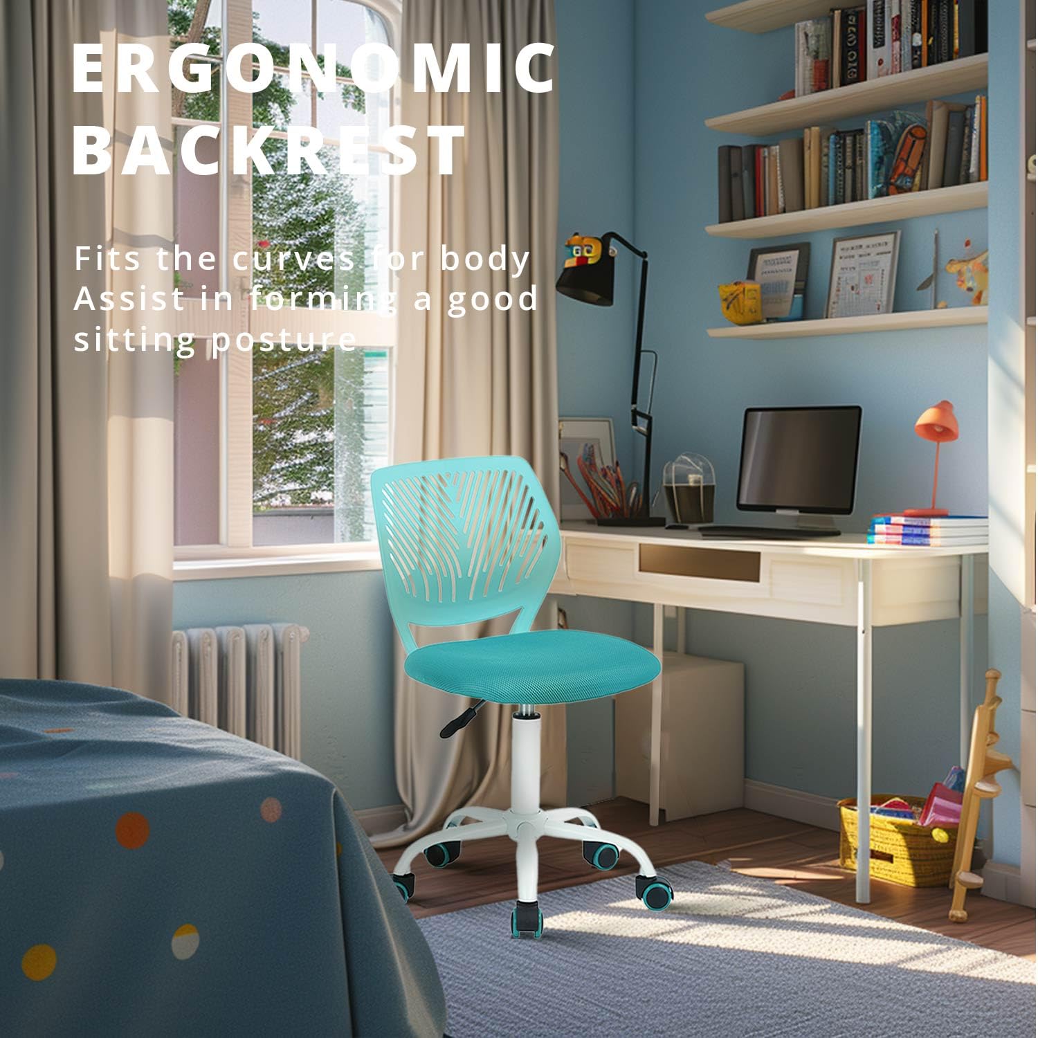 FurnitureR Moderne sans Bras pour Enfants-Chaise de Bureau réglable et pivotante pour écrire à la Maison-Turquoise, Plastique Métal, 38,5CM x40CM x75-87CM