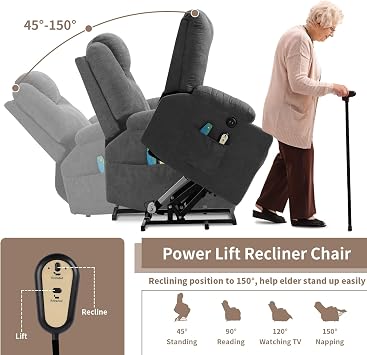 Electric Power Lift Recliner Chair with Heat & Massage for Elderly, Classic Ergonomic Single Lounge Sofa Home Theater Seat for Living Room with Side Pockets, USB Port & 2 Cup Holders, Gray