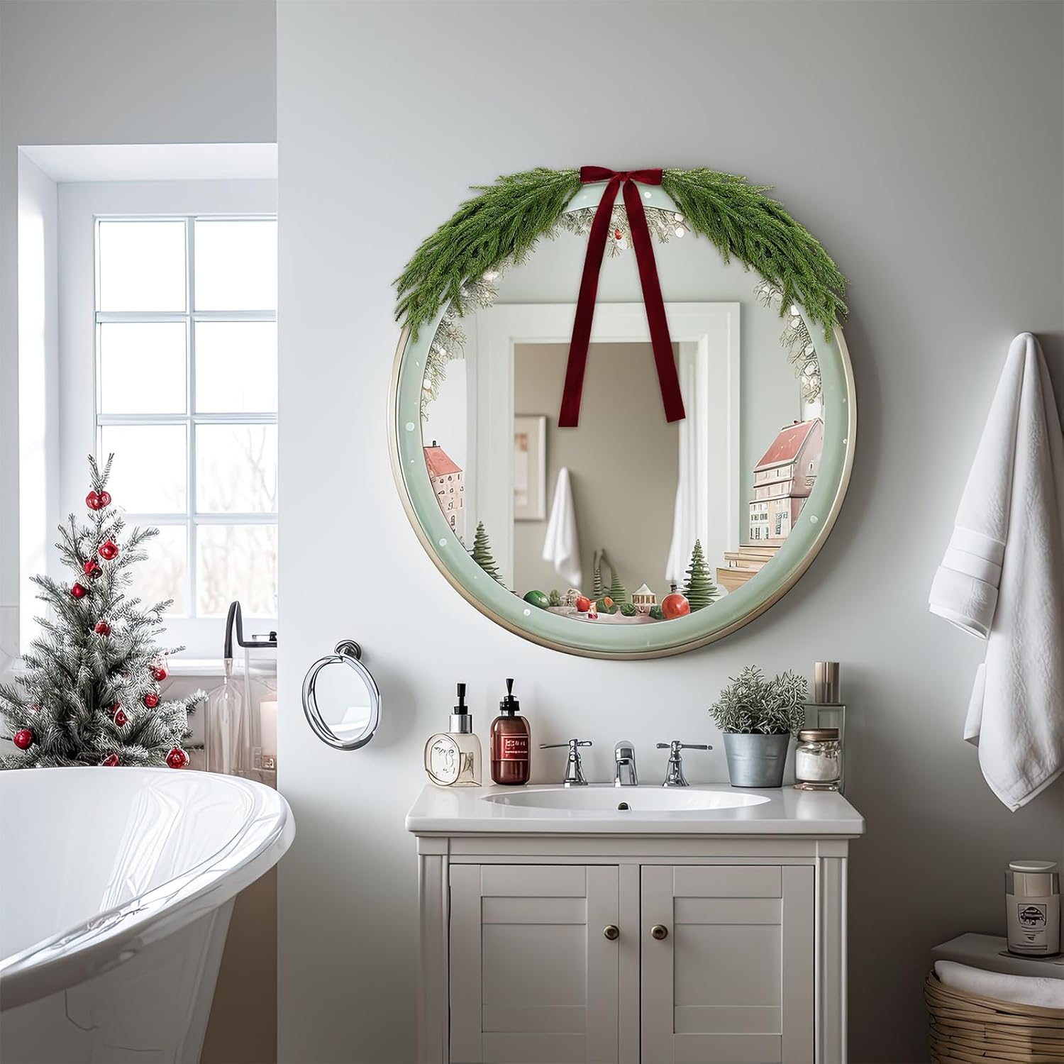 2.6ft Christmas Mirror Garland Artificial Norfolk Pine Swag for Mirror with Velvet Bow Faux Greenery Garlands Christmas Wreath for Xmas Home Door Mailbox Indoor Fireplace Decor(Burgundy Red) - Image 4