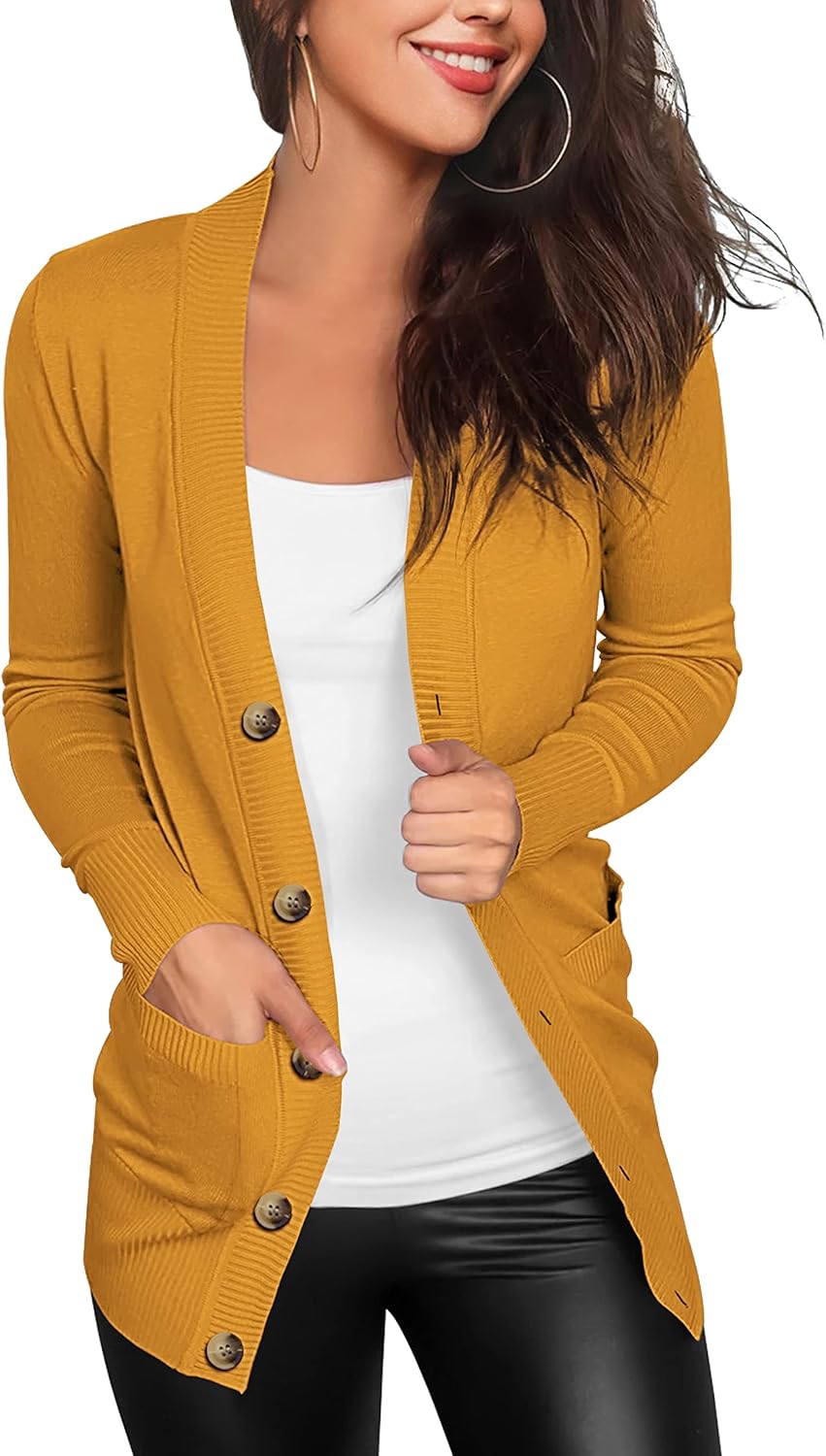 VERABENDI Women Long Sleeve Snaps Button Down V Neck Cute Knit Sweater Cardigan