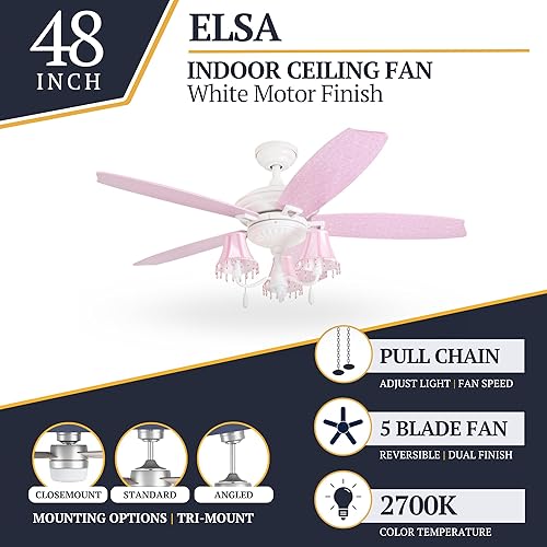 Miniatura 3 de Prominence Home Elsa - Ventilador de techo LED para interiores estilo princesa de 48 pulgadas con luz, cadena de tracción, tres opciones de montaje,