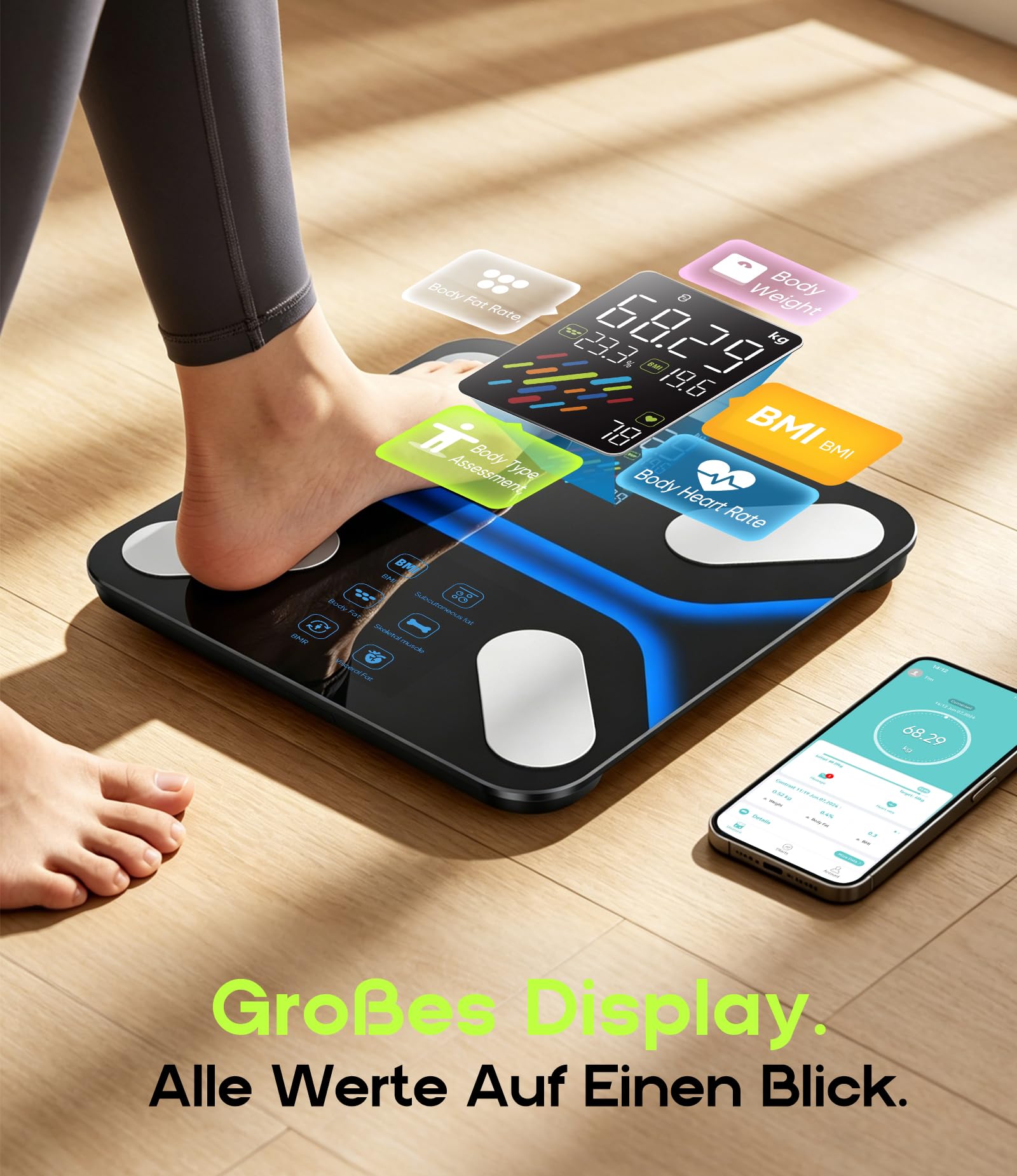 Körperfettwaage Personenwaage Digital mit Großem Display, 22 Körperanalysewerte, 4 Elektroden, Bluetooth App, BMI & Muskelanalyse, 6 Modi mit automatischer Nutzererkennung, 180kg/400lbs, 24 Benutzer