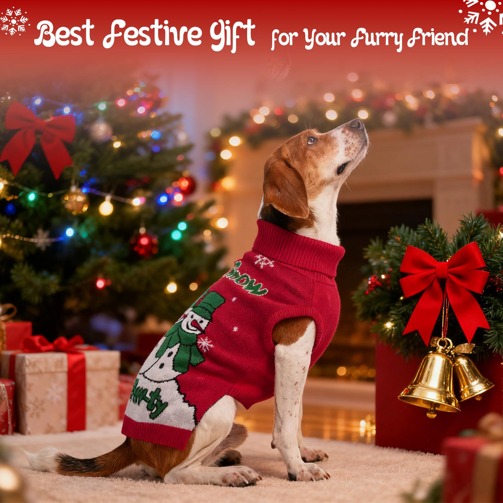 IECOii Pull de Noël pour chien de grande taille, à col roulé avec trou pour laisse, sans manches, facile à enfiler, motif bonhomme de neige, flocon de neige pour photos de Noël, rouge, taille XXL