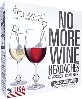 PureWine The Wand Wine Purifier - Red & White Wine Filters for Histamines & Sulfites, Sulfite Remover Sticks, Helps Allergies & Headaches, Gift Accessories for Women & Men - 30 Wands, Silver