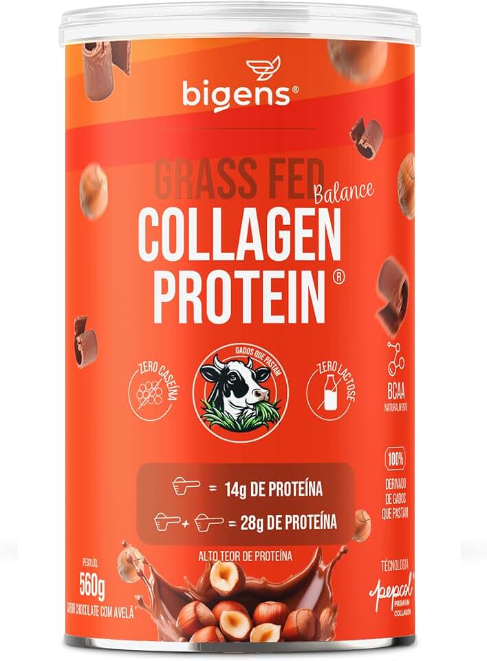 Bigens Grass Fed Balance Collagen Protein, Gado de Pasto, Colágeno Zero Lactose e Caseína, Chocolate com Avelã, Proteína Hidrolisada