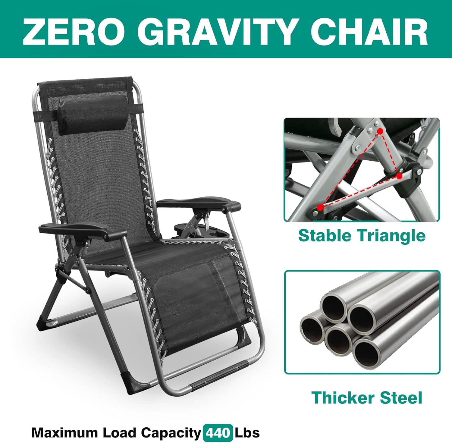 Zero Gravity Chairs,Gravity Recliner Chair for Indoor Outdoor,XL Padded Patio Lounge Chair with Headrest, Patio Lawn Lounge Chair,Upgrade Aluminum Alloy Lock, Cup Holder,Support 440lb,Black