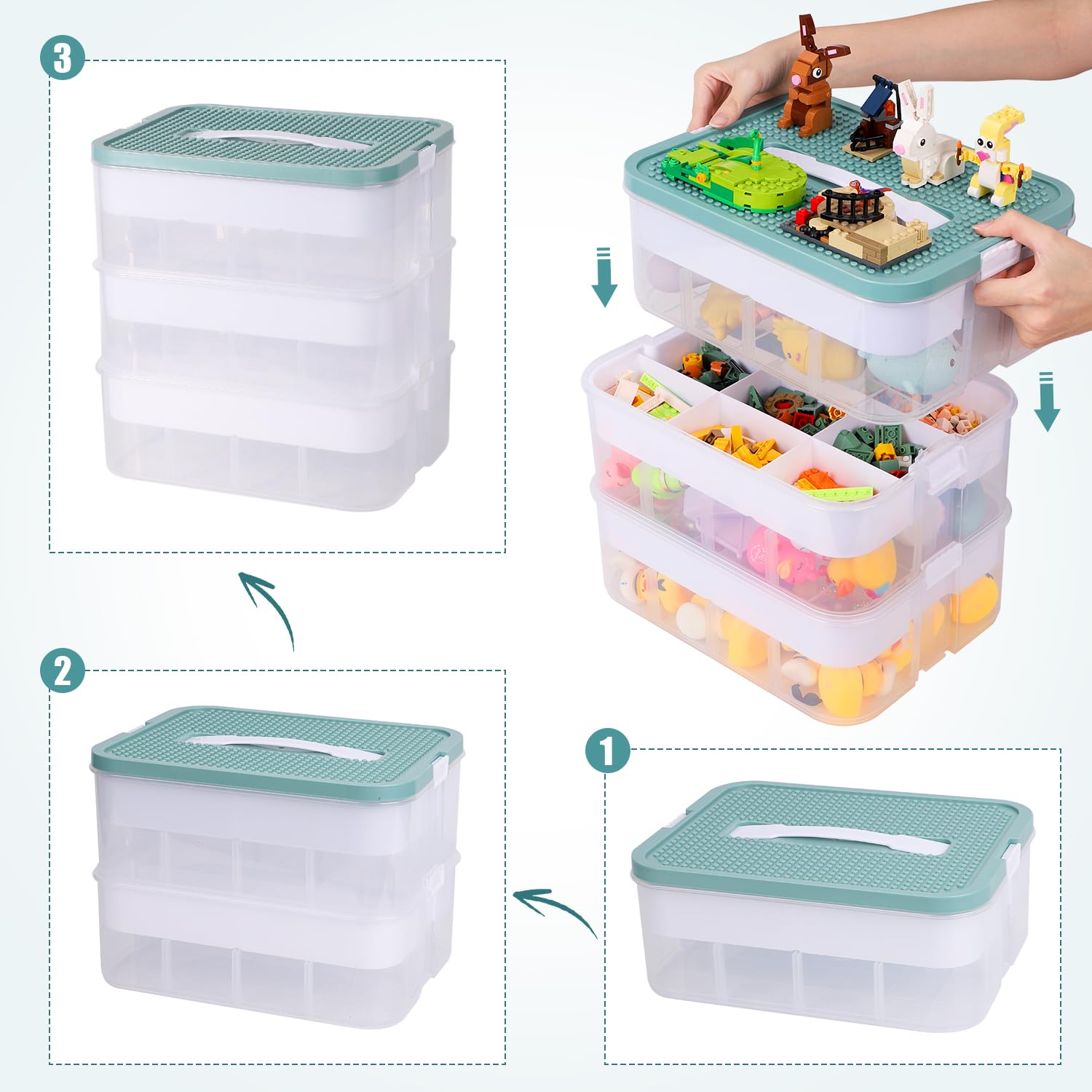 BOXOB Contenitore Giocattoli per Lego, Contenitore per Blocchi di Costruzione a 3 Strati Impilabile a Scomparti Selezionatore Puzzle per Mattoncini Scatola Smistamento Giocattoli (Verde Oliva)