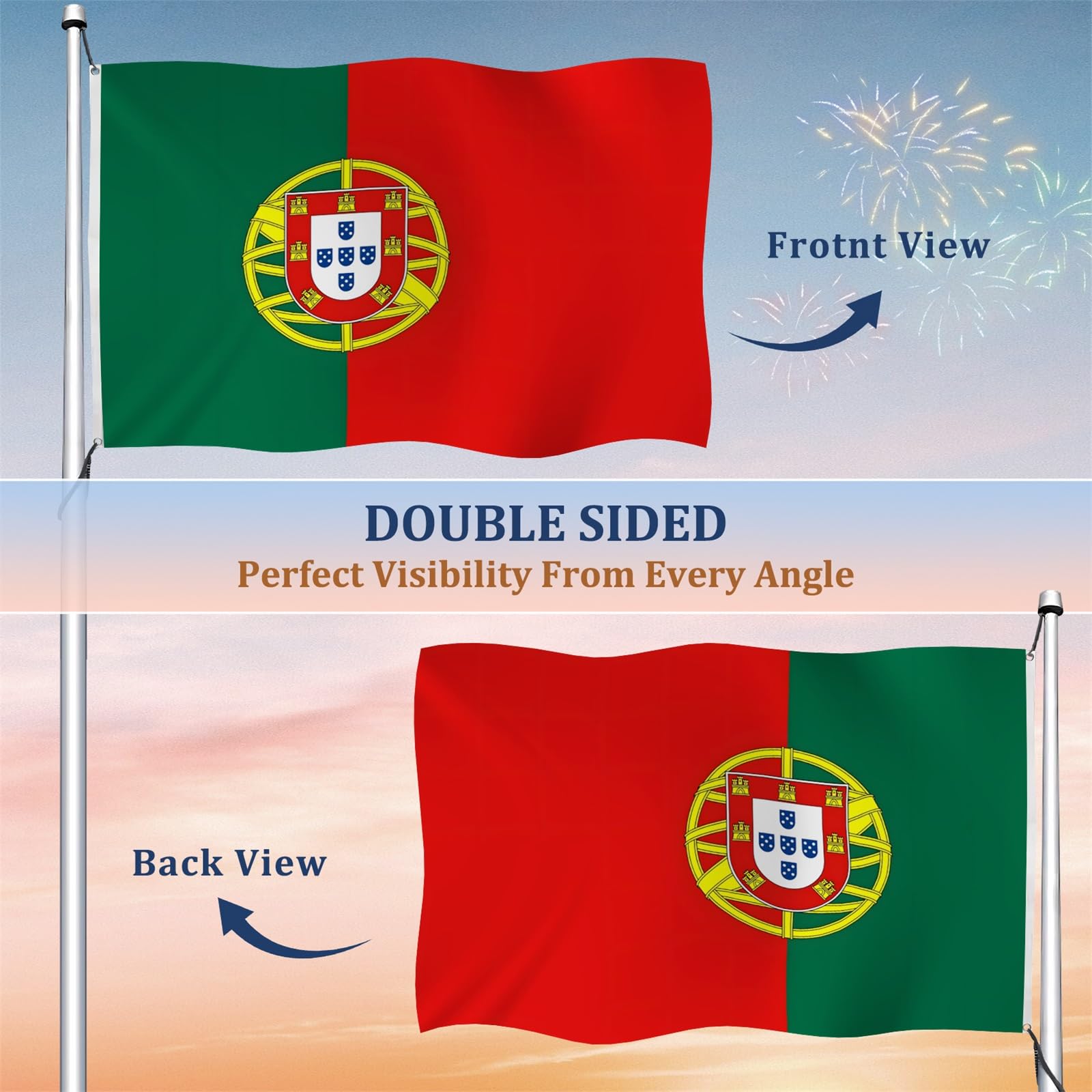 Aoihrraan Flaga Portugalii 1,8 x 3 m dwustronna portugalska flagi narodowe baner na uroczystości na świeżym powietrzu dom ogród ganek przyjęcie dekoracje flagi z 2 solidnymi przelotkami precyzyjne