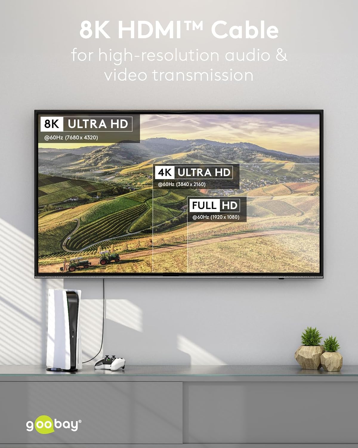 Goobay Ultra High Speed HDMI Cable 2.1 / UHD Resolutions of up to 8K @ 60 Hz & 4K @ 120 Hz/HDMI Extension for PS5, Xbox, Apple TV 4k / Gold-Plated Connectors Prevent Corrosion/Grey / 2 m - 65261