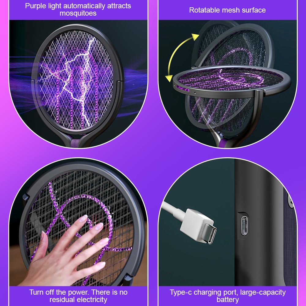 Tapette à Mouches électrique Rechargeable à tête Rotative, Tapette à Mouches électrique avec Tige d'extension Télescopique, Extra Puissante 2800 V avec Piège à Lumière UV pour l'intérieur