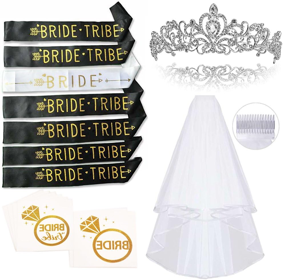 Bachelorette Party Decorations Kit, Smarimple Bridal Shower Supplies - 7 Unique Bachelorette Party Sashes, Metal Rhinestone Tiara, 12 Metallic Tattoos, Veil