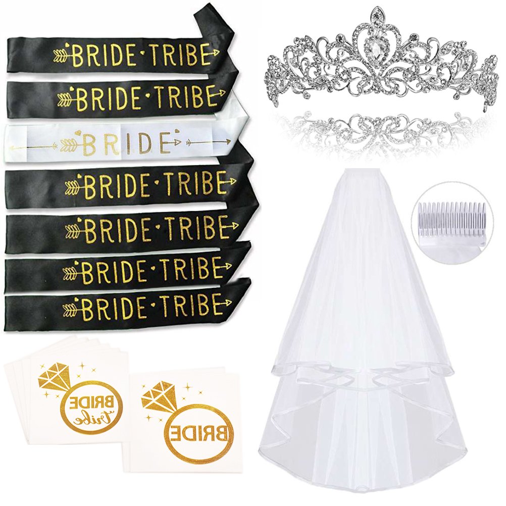 Bachelorette Party Decorations Kit, Smarimple Bridal Shower Supplies - 7 Unique Bachelorette Party Sashes, Metal Rhinestone Tiara, 12 Metallic Tattoos, Veil