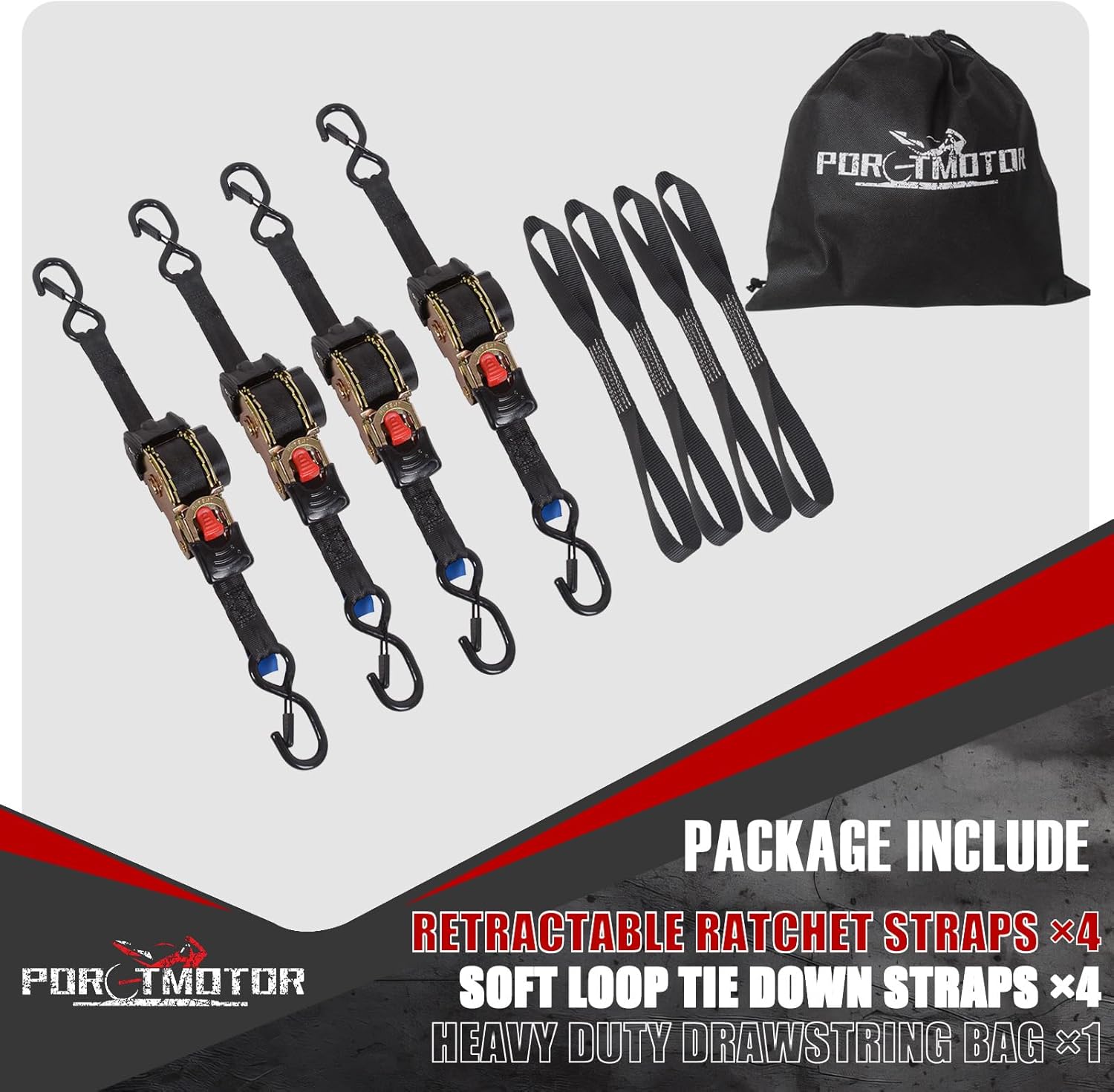 4 Pack Retractable Ratchet Straps (1" × 10'), 1500LBS Break Strength Heavy Duty Auto Retracting Ratchet Straps for Motorcycle, Trailers, Boats, ATVs, UTVs(4 Pack with 1" x 15" Soft loops)