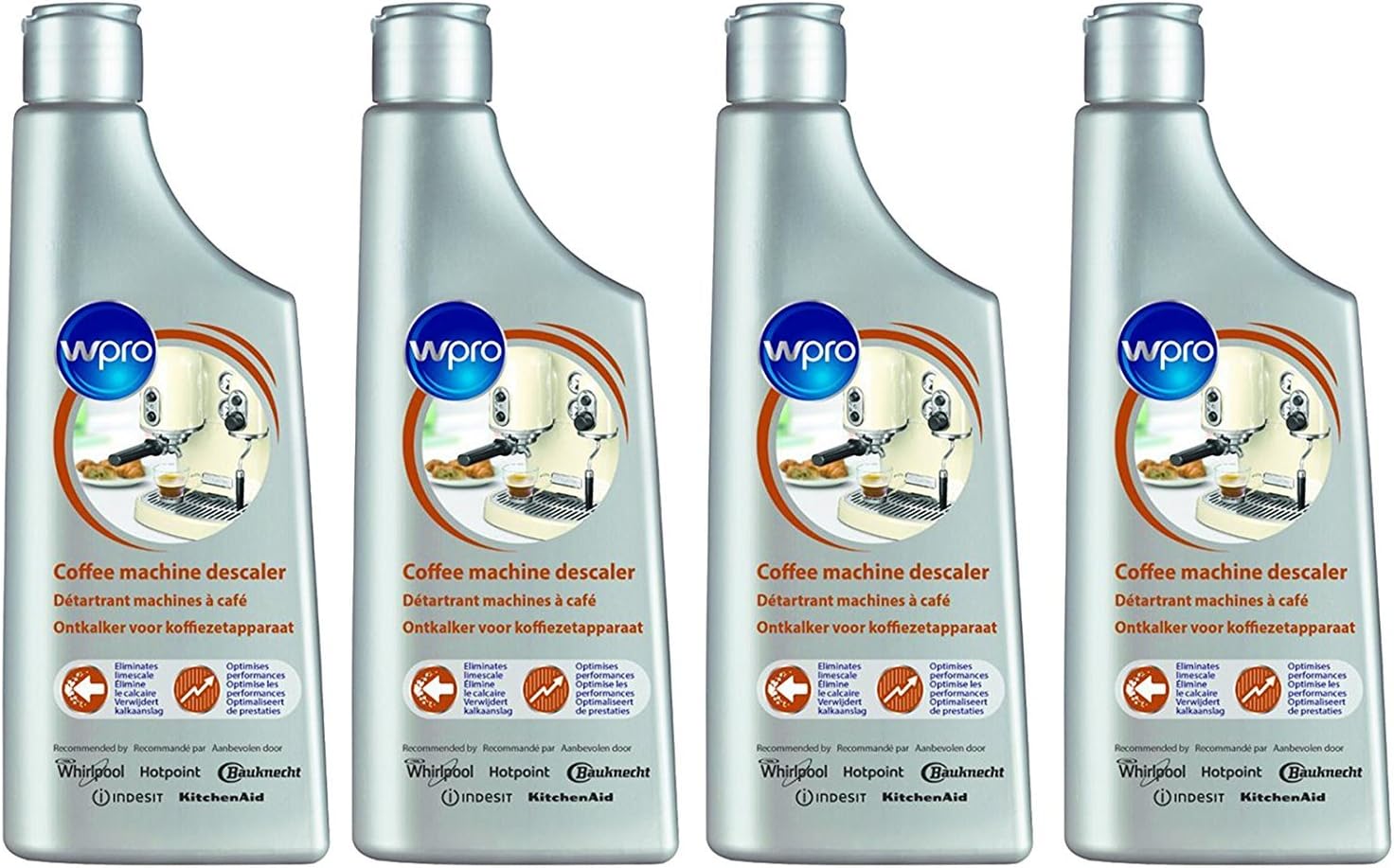 4 Bottles of WPro Universal Espresso Coffee Machine Descaler Limescale Descaling Fluid 250 Millilitres