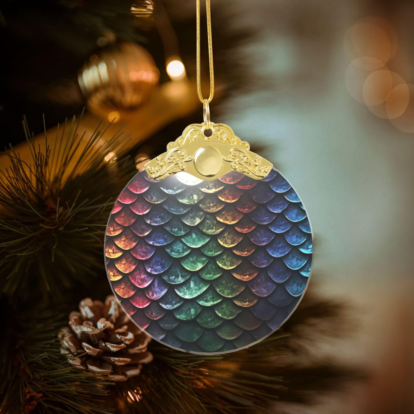 Crystal Christmas Ornaments for Christmas Tree Decoration Hanging Dragon Scale Ornament with Gold Ribbon Crafts Round Pendant for Keepsake Gifts Glass Xmas Decor Party Supplies