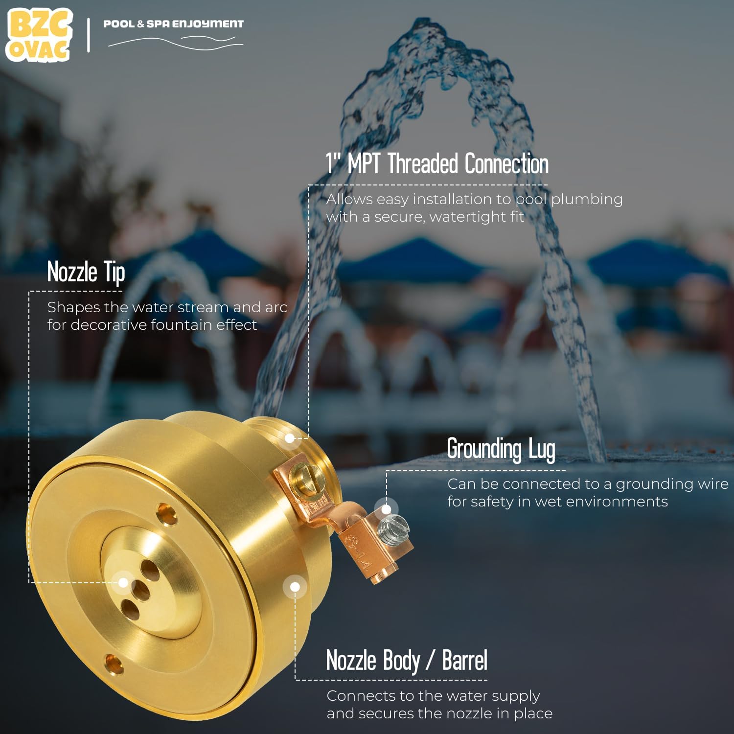 Brass Deck Jet Fountain Nozzle, 3-Hole Pool & Spa Water Feature with Grounding Lug, 1'' Male Thread