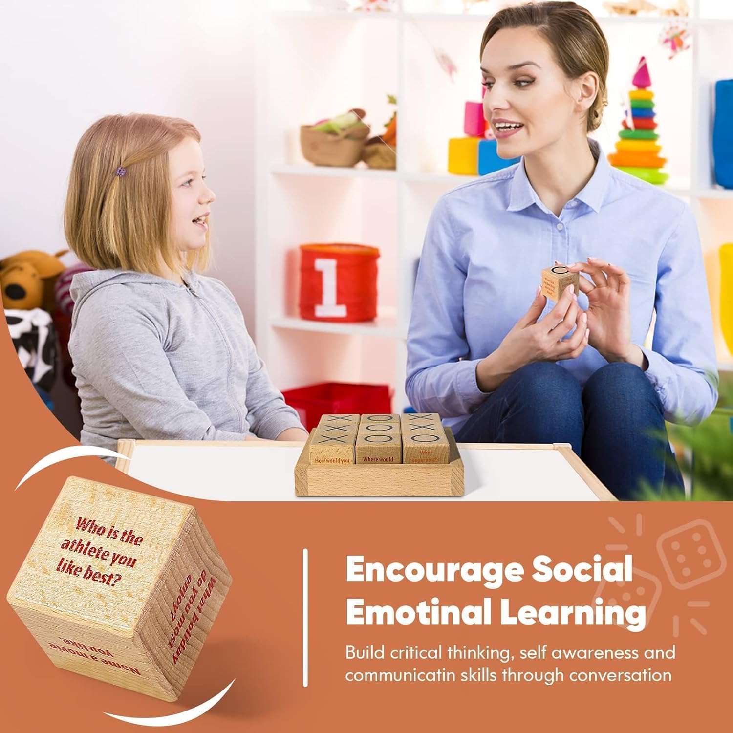 Garybank Sharing Joy Conversation Tic Tac Toe Therapy Games for Kids Teens, School Game Counselors Office Must Haves, Great Conversation Starter - Building Relationship, Wooden Communication Cubes