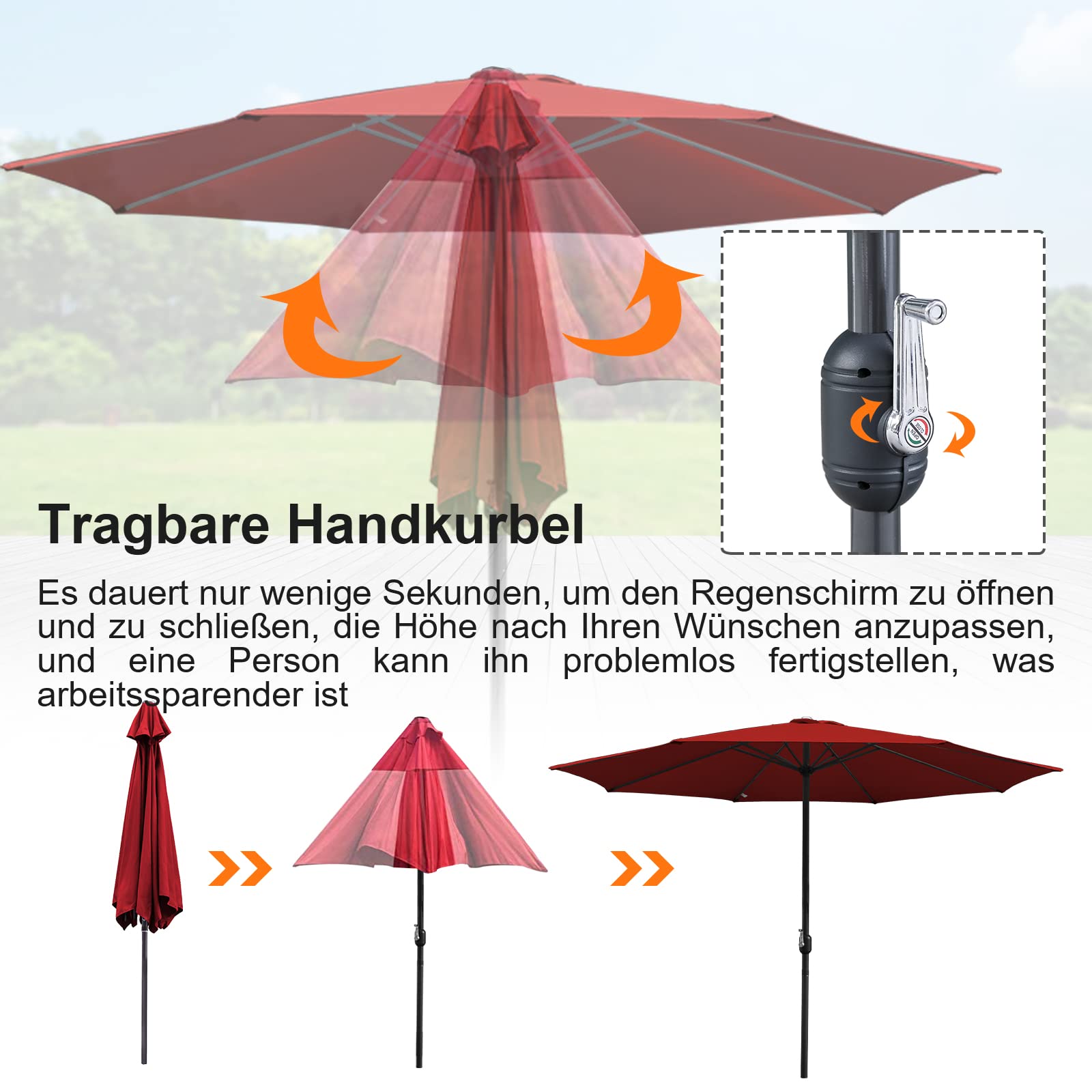 szary parasol przeciwsłoneczny z oświetleniem LED, korbą, parasol ogrodowy, ochrona przed słońcem i promieniowaniem UV 50+, aluminium, wodoszczelny, Ø 270/350 cm, czerwony