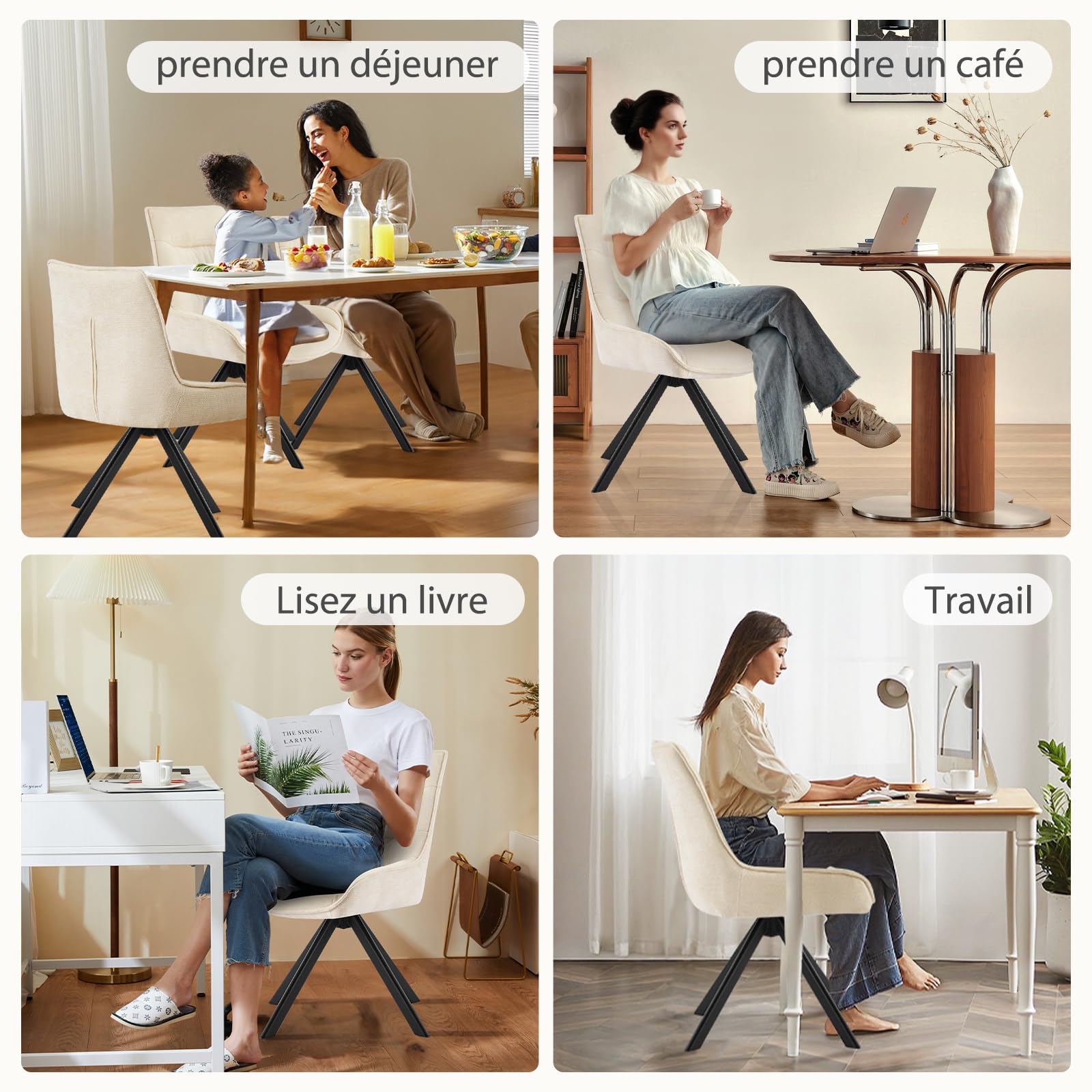 Chaises Pivotante Salle à Manger à 360° Lot de 2, Chaises Fauteuil Salle à Manger, Chaise de Cuisine Rembourrées en Tissu Chenille pour Chambre à Coucher Cuisine Salon, Beige