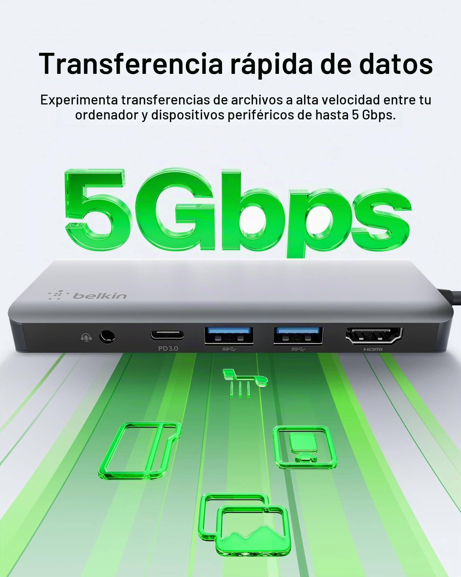 Belkin Hub USB C, 7 en 1 adaptador multipuerto con 4K HDMI, USB-C 100W PD carga pass-througn, 2 USB A, audio de 3,5 mm, ranura SD 3.0 y Micro SD 3.0 para MacBook Pro, Air, iPad Pro, XPS y más | Amplía la conectividad USB-C de laptop para MacBook, iPad Pro