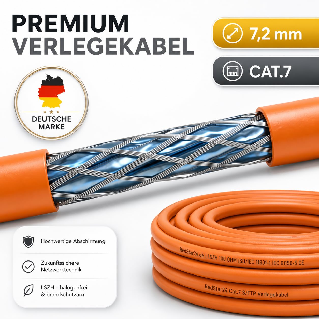 RedStar24 Cat 7 Kabel 50m mit 4x RJ45 Steckern werkzeuglos, Kupfer LAN Verlegekabel 1000MHz AWG23/1, S/FTP PIMF, PoE 10Gbit Ethernet Netzwerkkabel