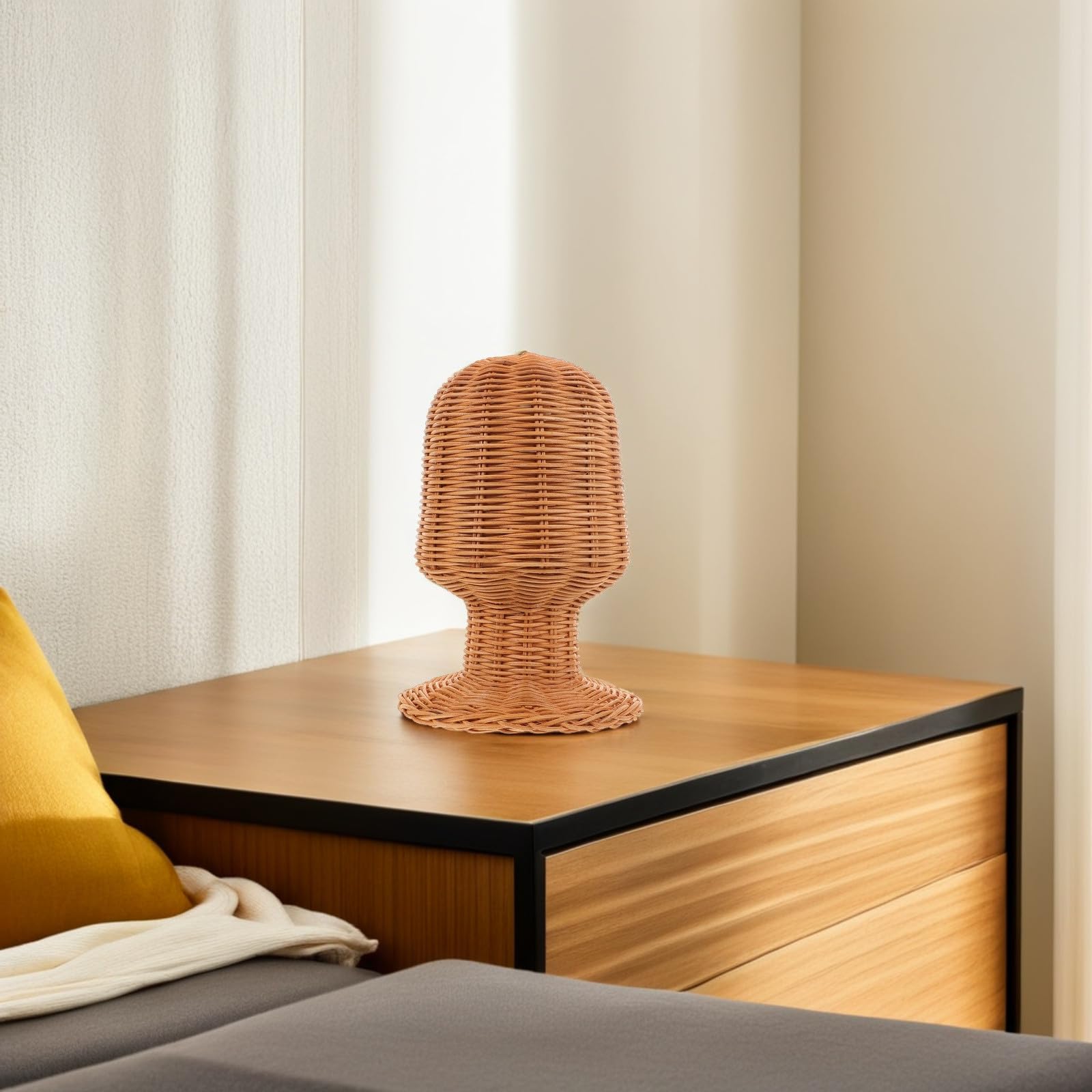 Soporte para Peluca de Ratán Tejido a Mano, Soporte Rústico para Exhibición y Almacenamiento de Pelucas y Sombreros, Altura 27 Cm, Adecuado para Salones y Uso Doméstico