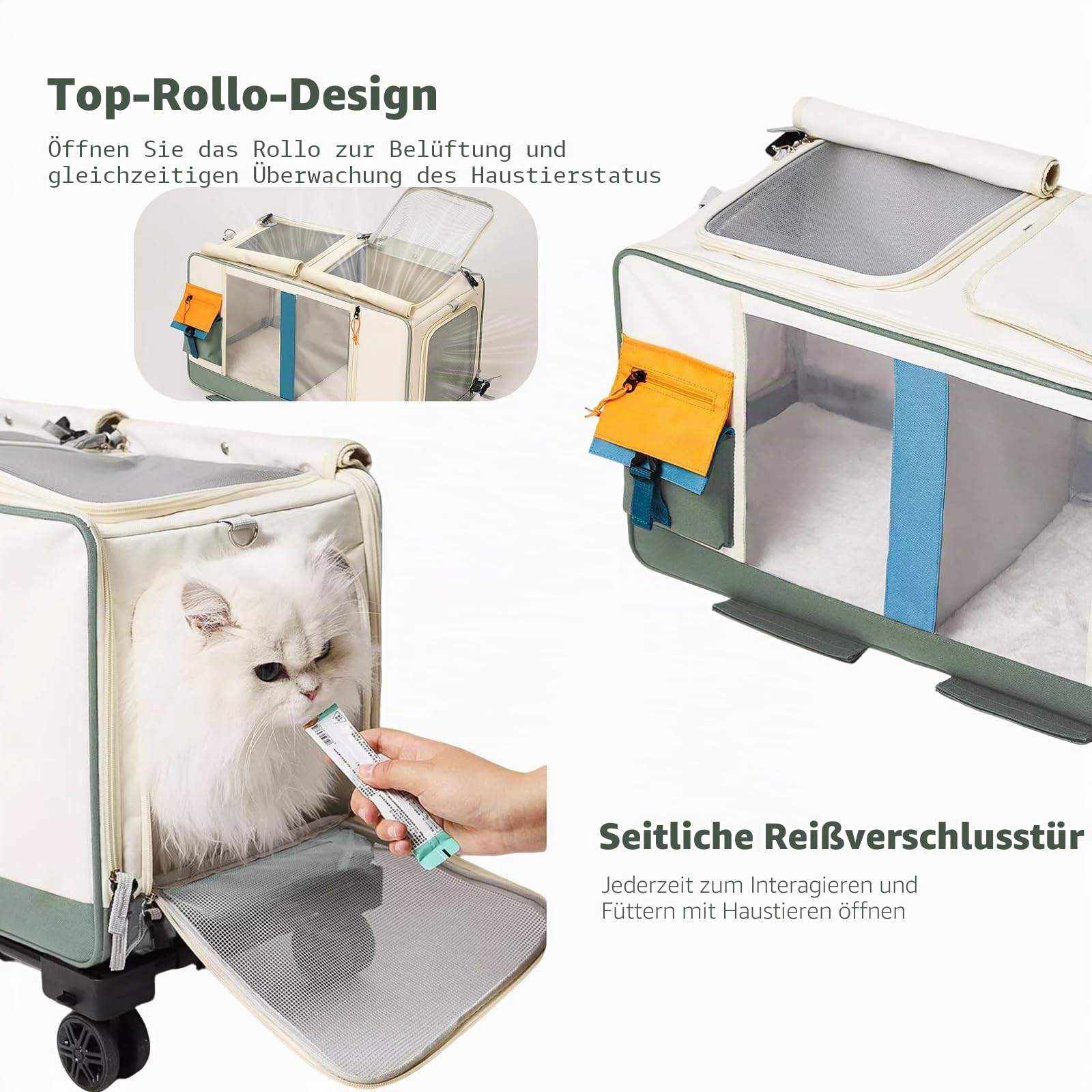 PETCUTE Haustier-Transporttasche mit Zwei Fächern und Abnehmbaren Rädern,Atmungsaktiv,Katzentrage für 2 Katzen,Faltbare Tragetasche mit Rollen für 2 Katzen/Hunde,für Reisen/Spazierengehen/Camping